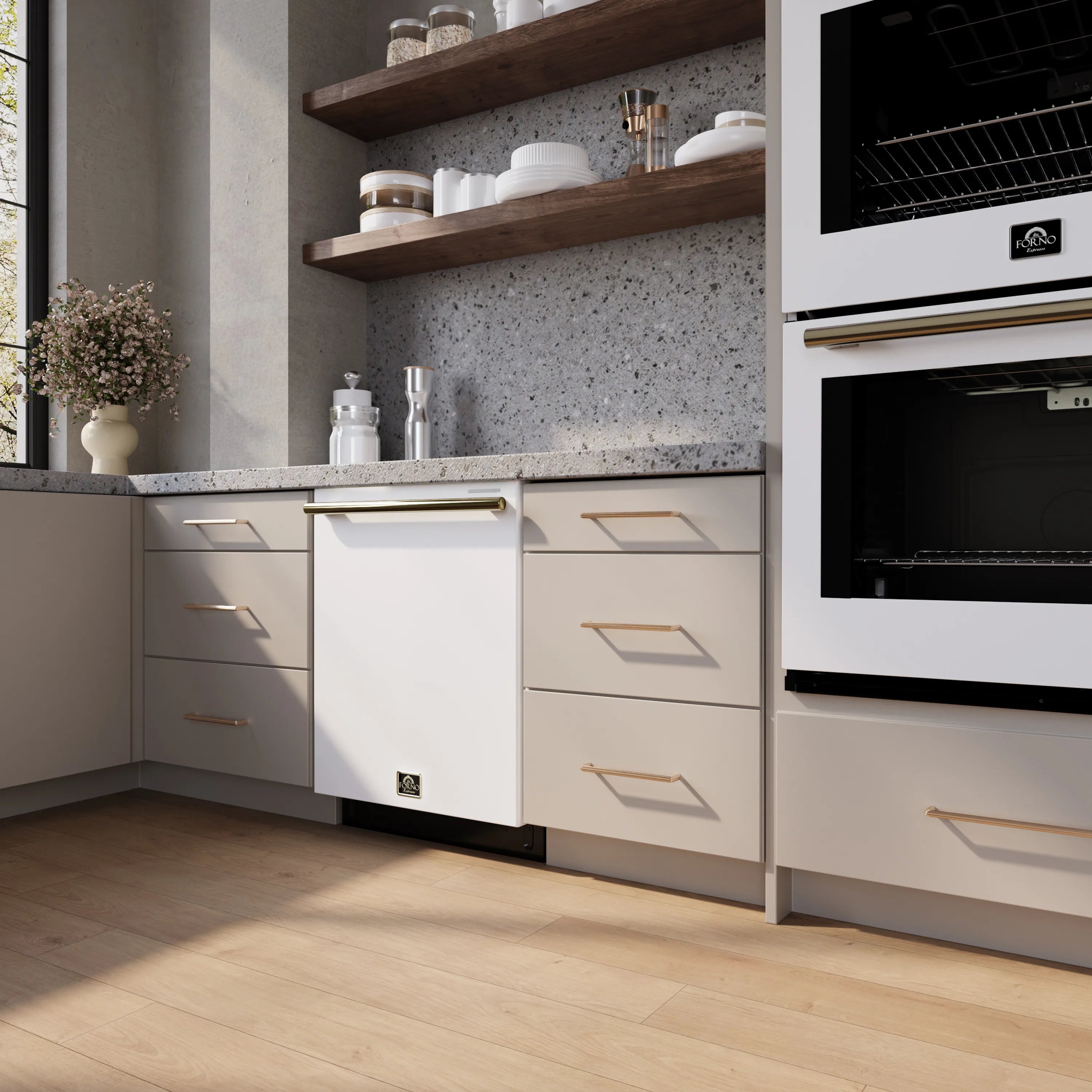 White built-in dishwasher installed in cabinetry with stainless handle and open door