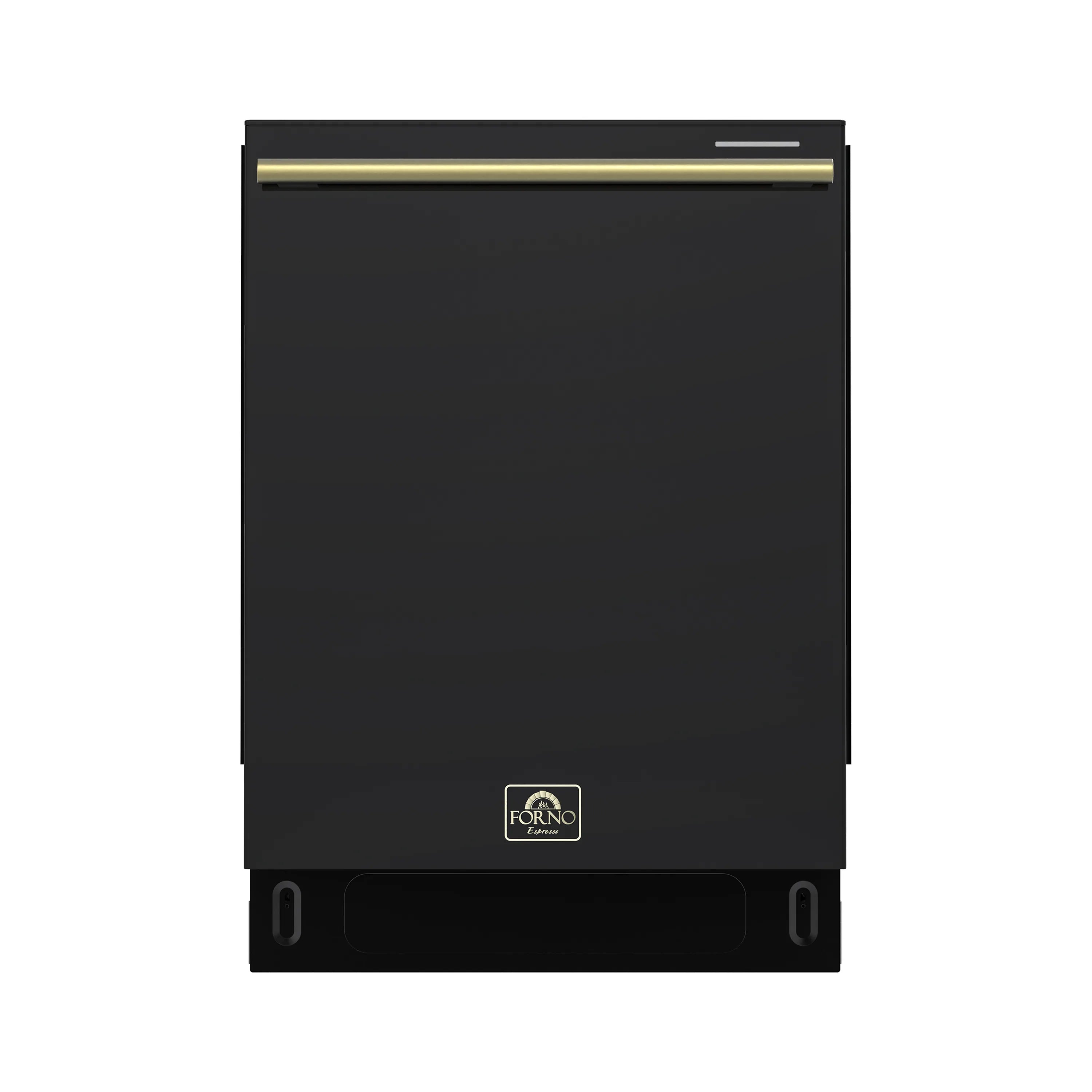 Built-in black dishwasher front with antique brass handle and Forno logo