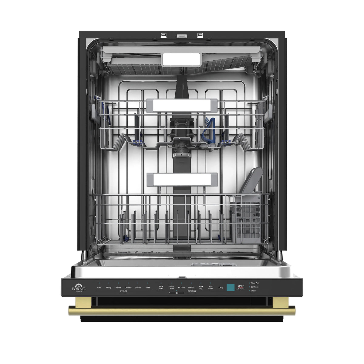 Built-in dishwasher interior with upper and lower racks visible inside the tub