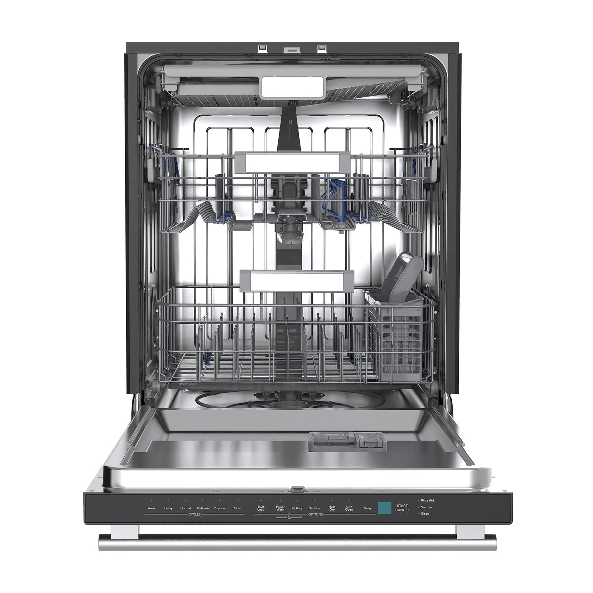 Open dishwasher with upper rack, lower rack, and detergent dispenser at the base