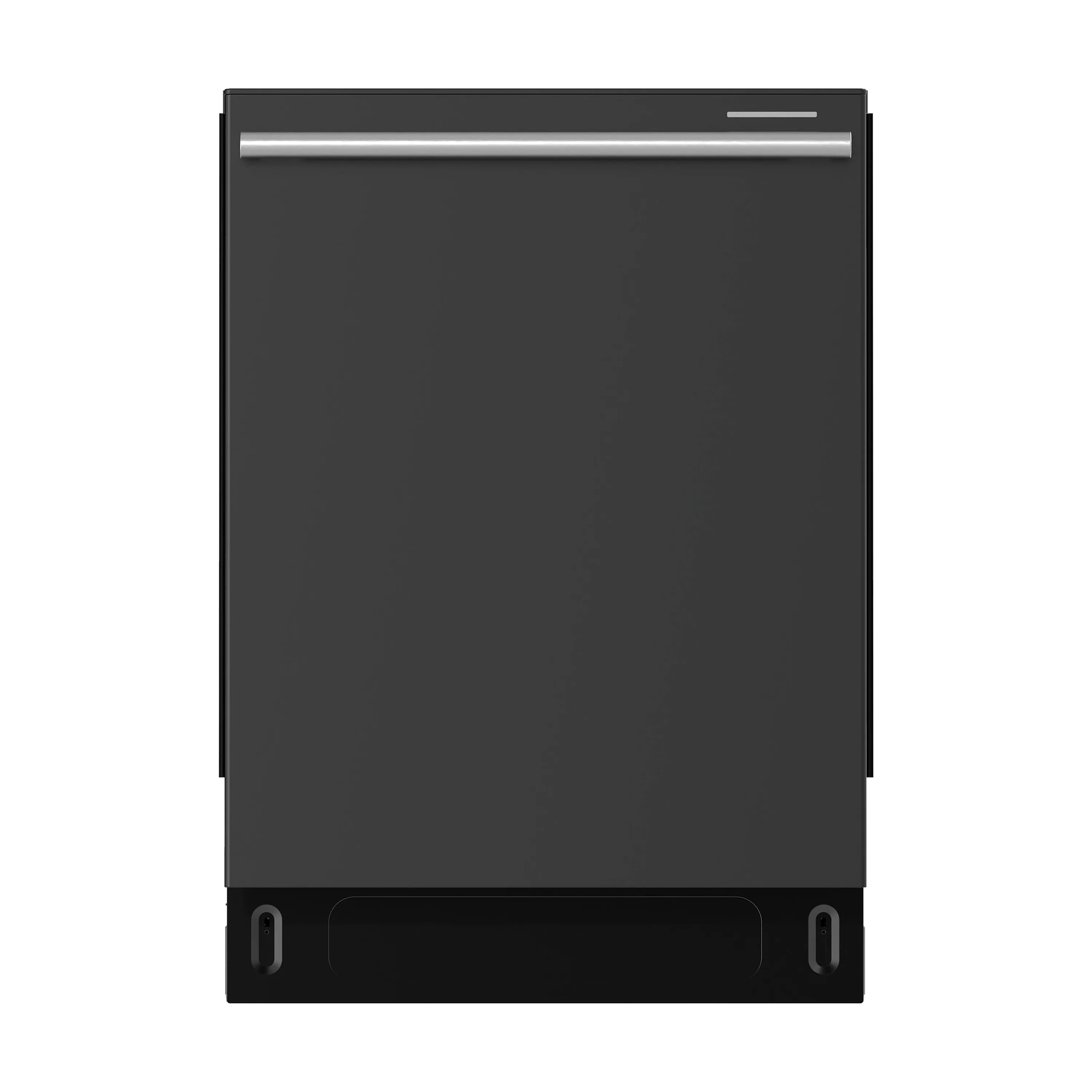 Closed black built-in dishwasher with long stainless handle bar