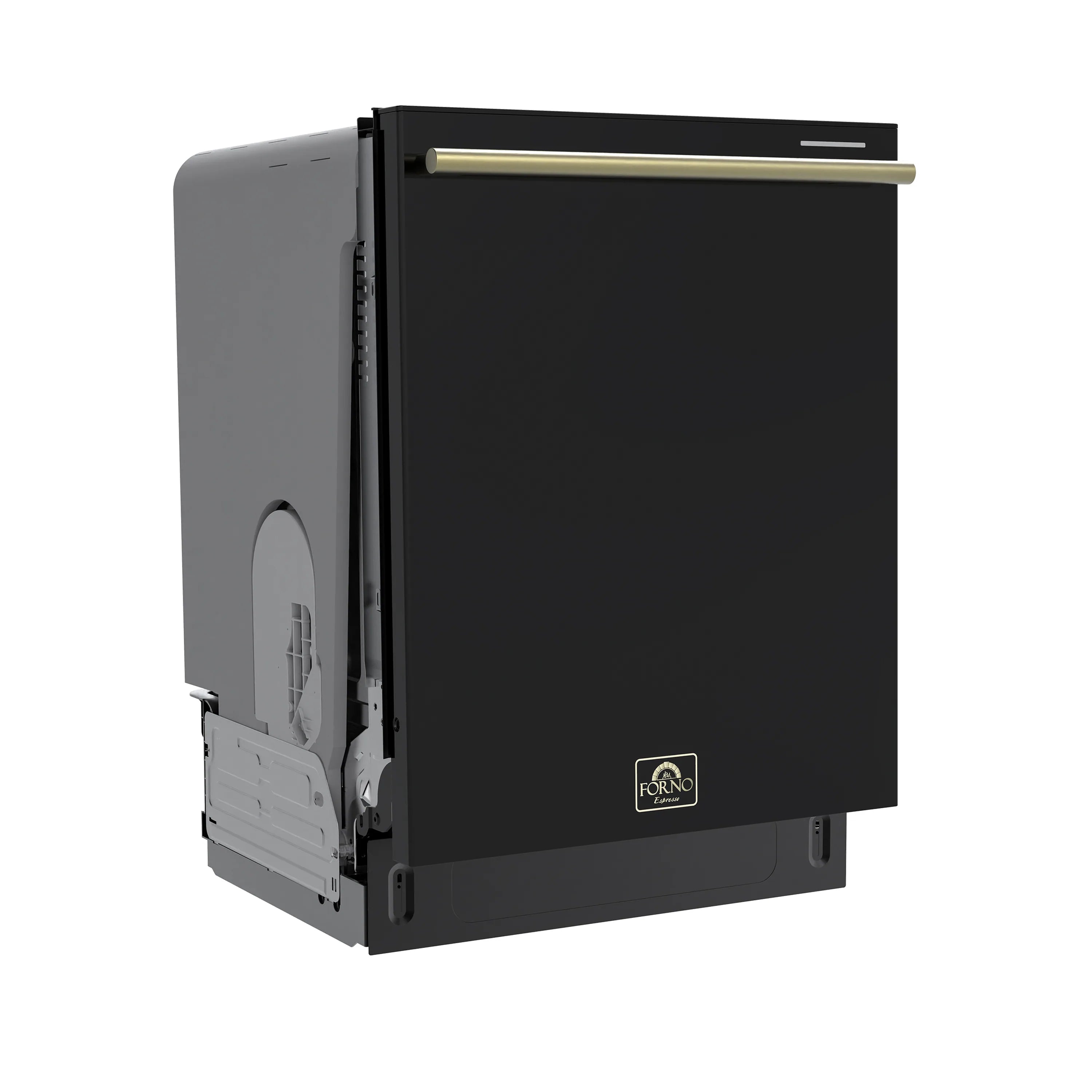 Built-in black dishwasher front with antique brass handle and door access area