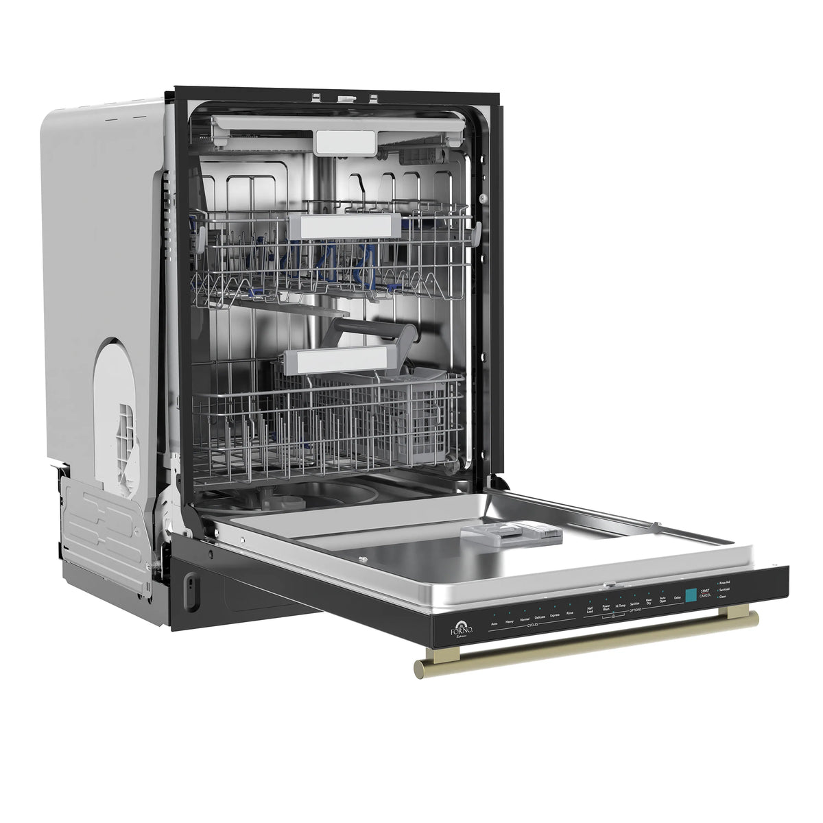 Built-in black dishwasher open with lower rack, control strip, and interior tub