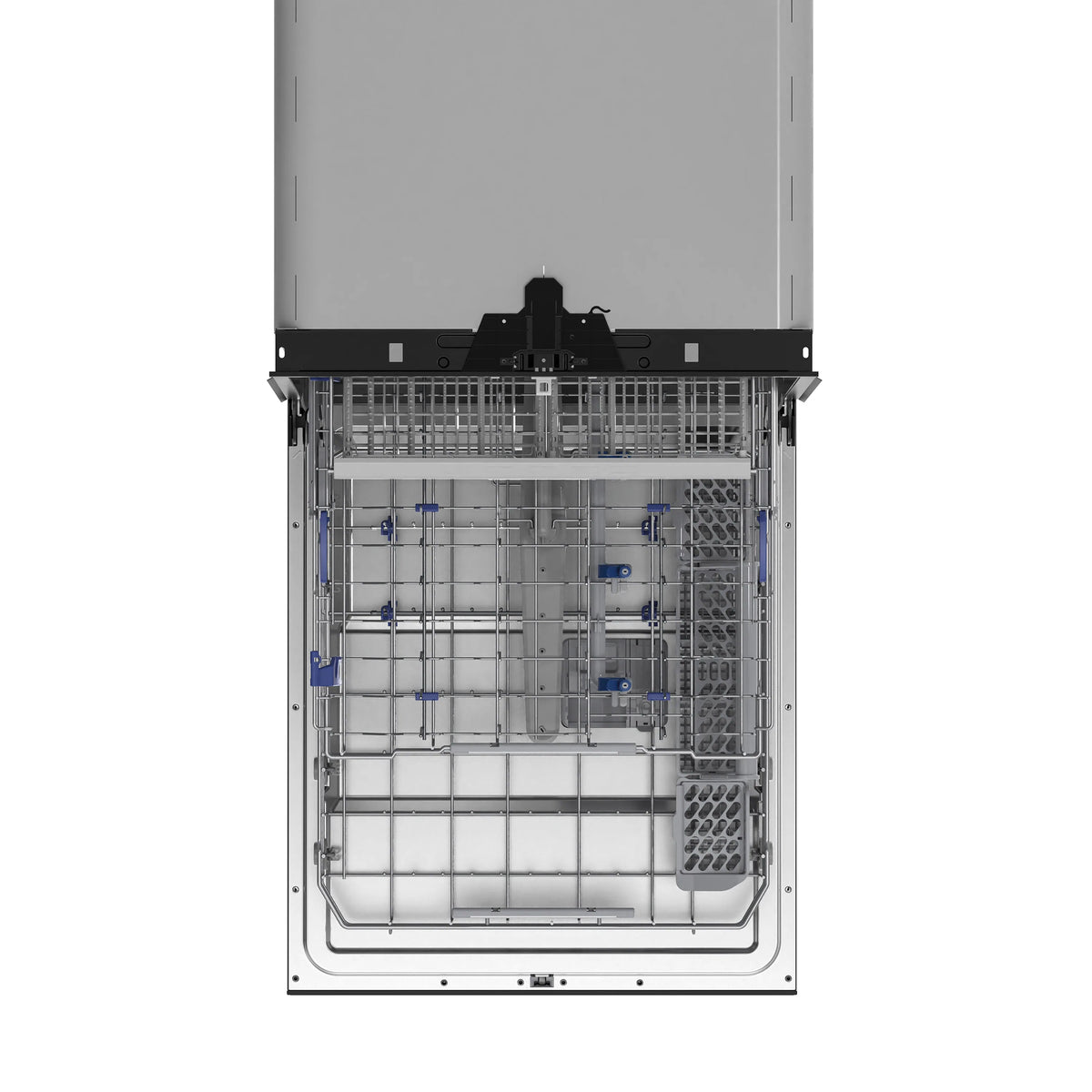 Dishwasher interior with right-side utensil rack and blue spray nozzles