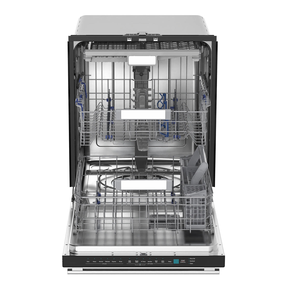 Front view of open black dishwasher with racks and spray manifold
