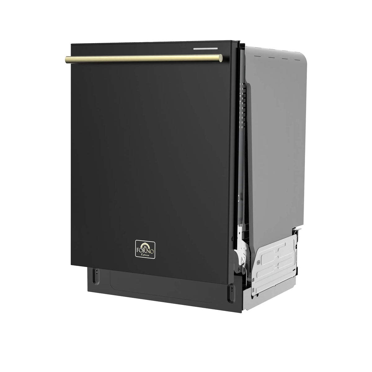 Built-in black dishwasher with antique brass handle and side access panel