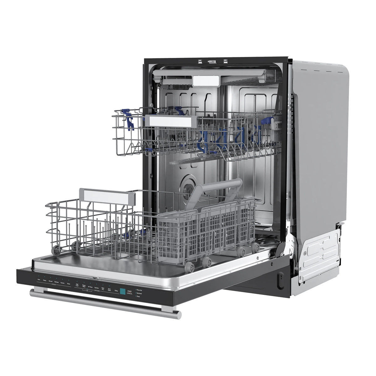 Built-in dishwasher open view with utensil baskets, spray system, and stainless base