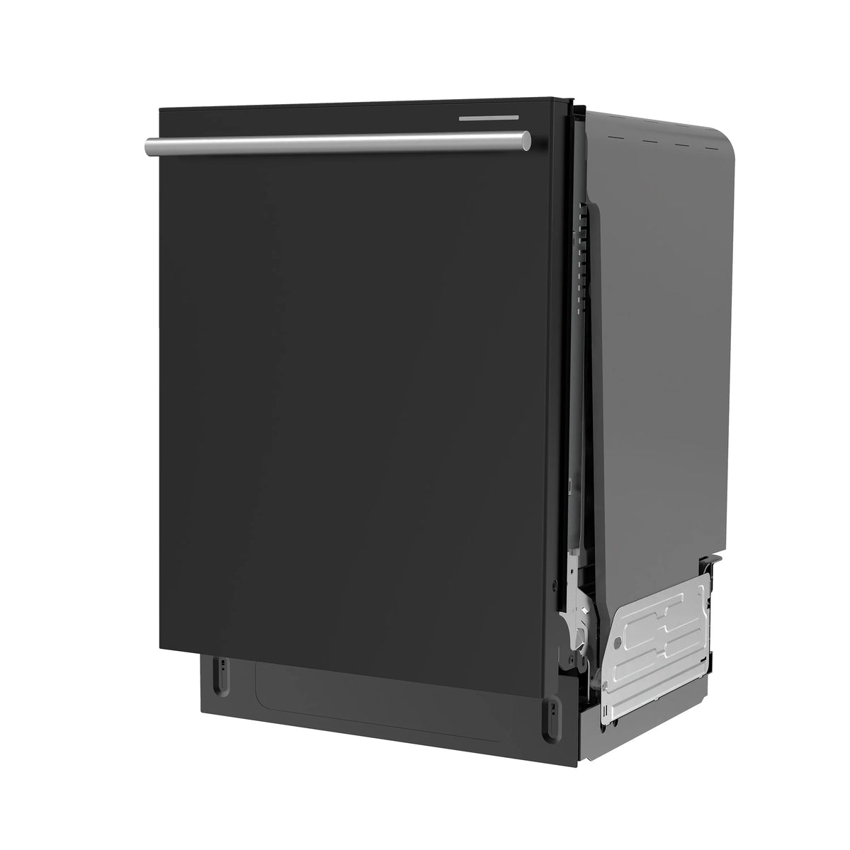 Closed black dishwasher door with side hinges and pull-out access panel