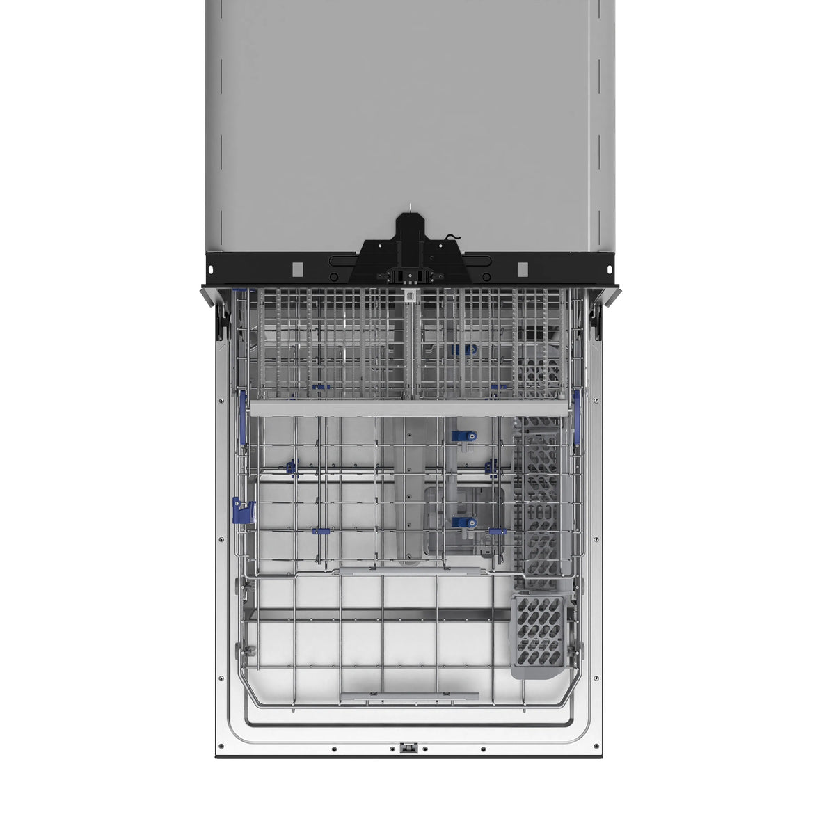 Tall-tub dishwasher interior with upper and lower racks and blue spray arms