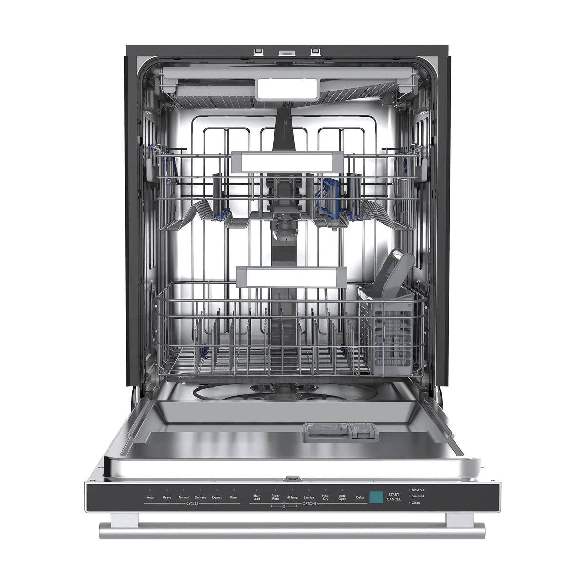 Tall-tub built-in dishwasher with open door and stainless steel interior racks