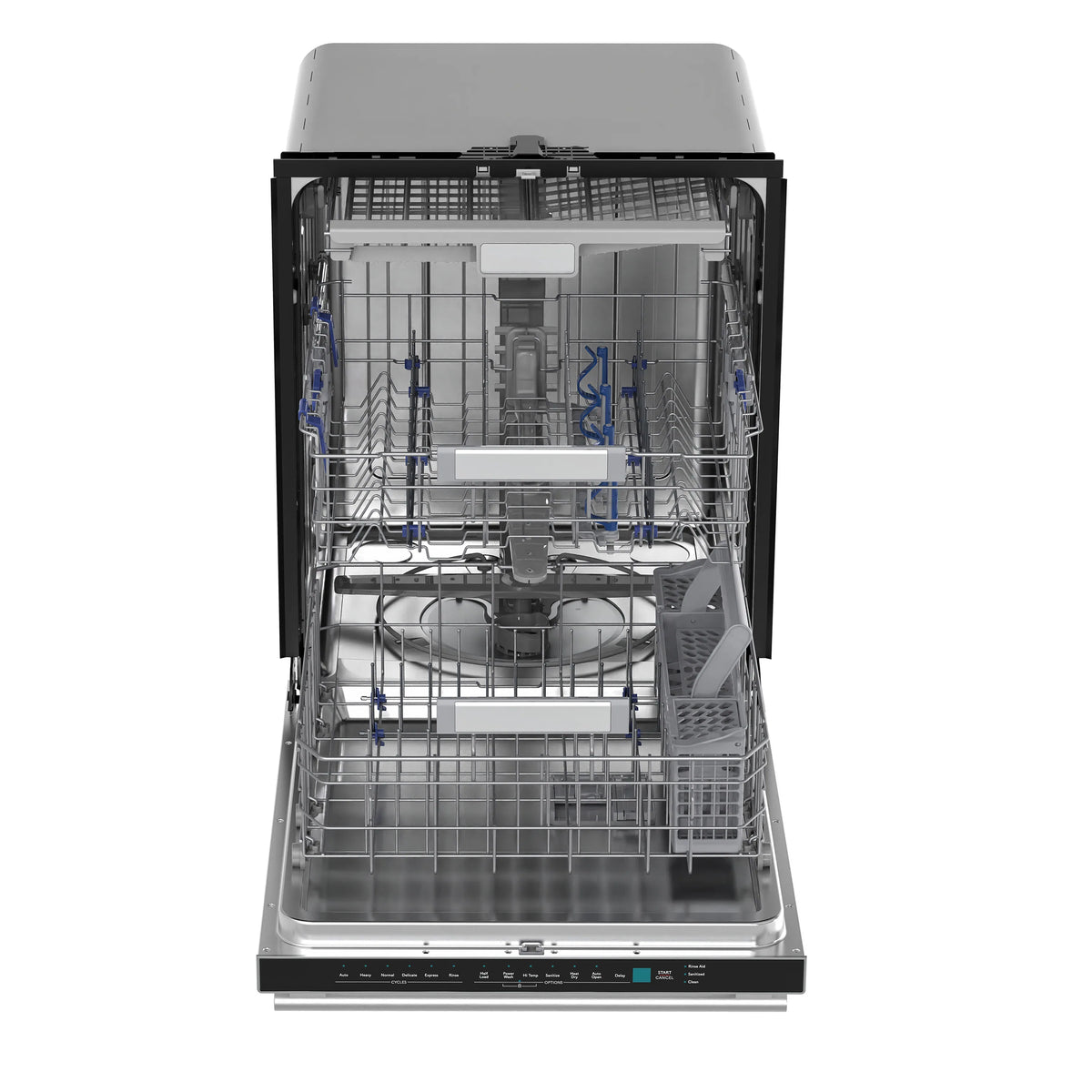 Tall-tub built-in dishwasher interior with upper rack, lower rack, and spray arms