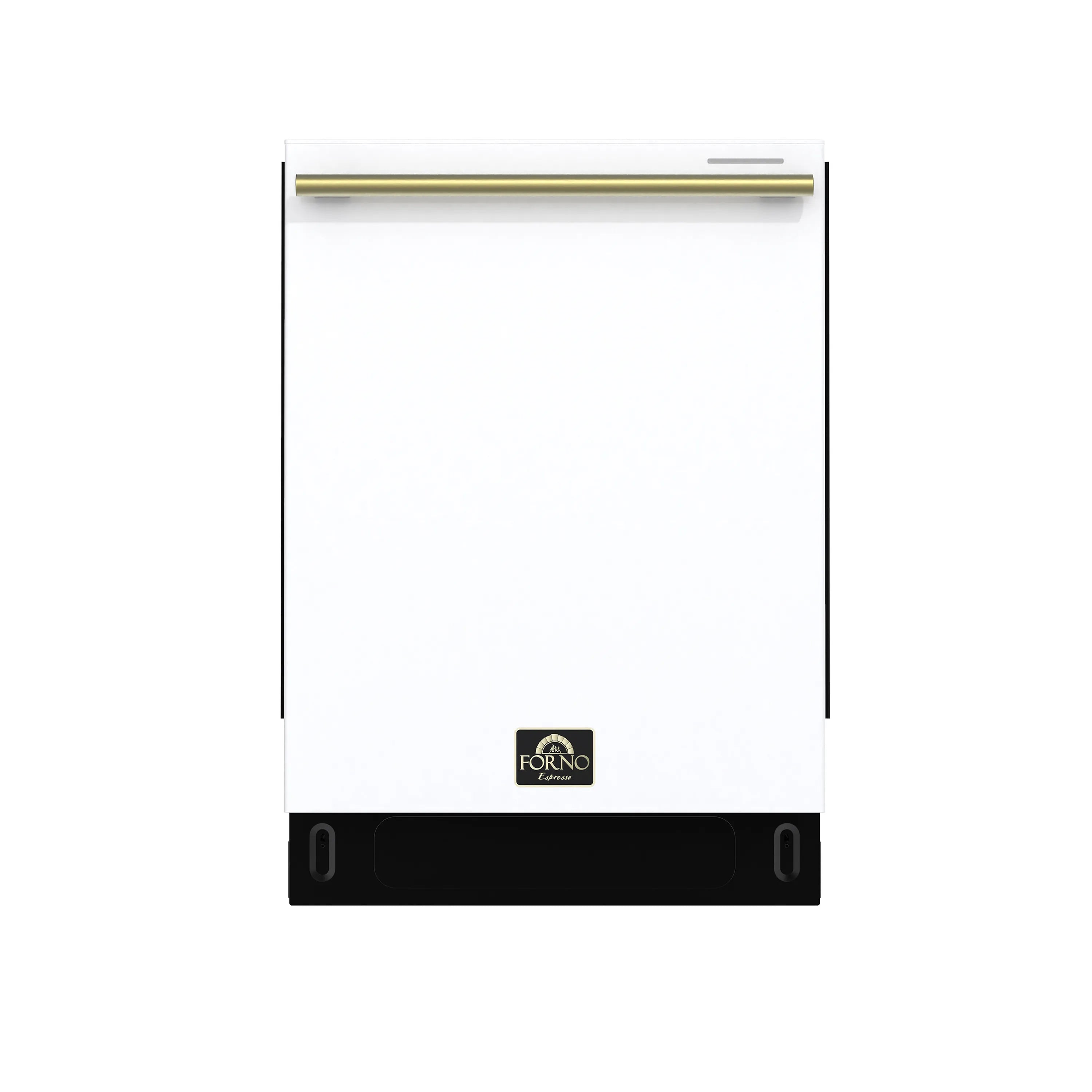 White built-in dishwasher front view with stainless handle and lower control panel