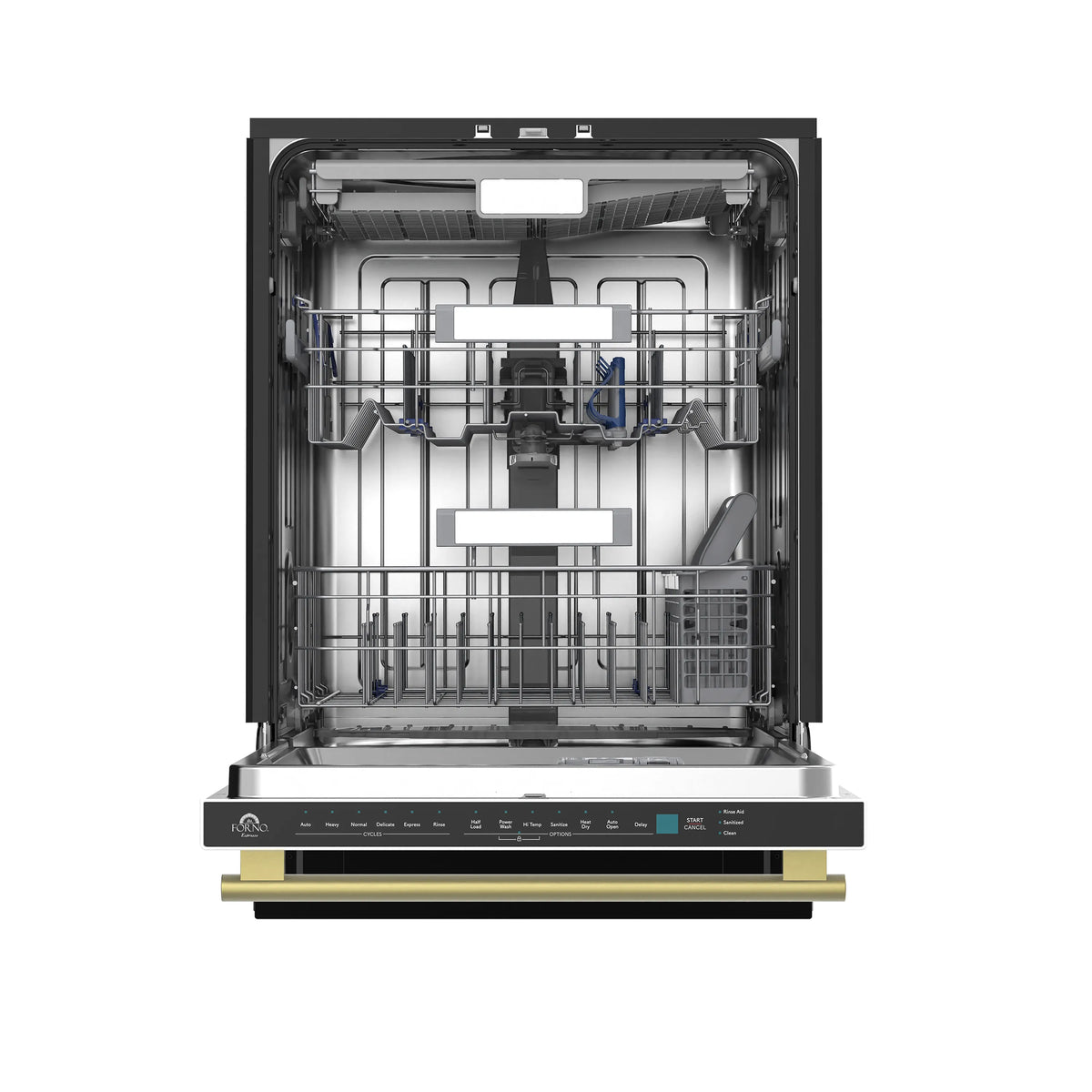 Dishwasher door open with stainless interior components and upper rack in view