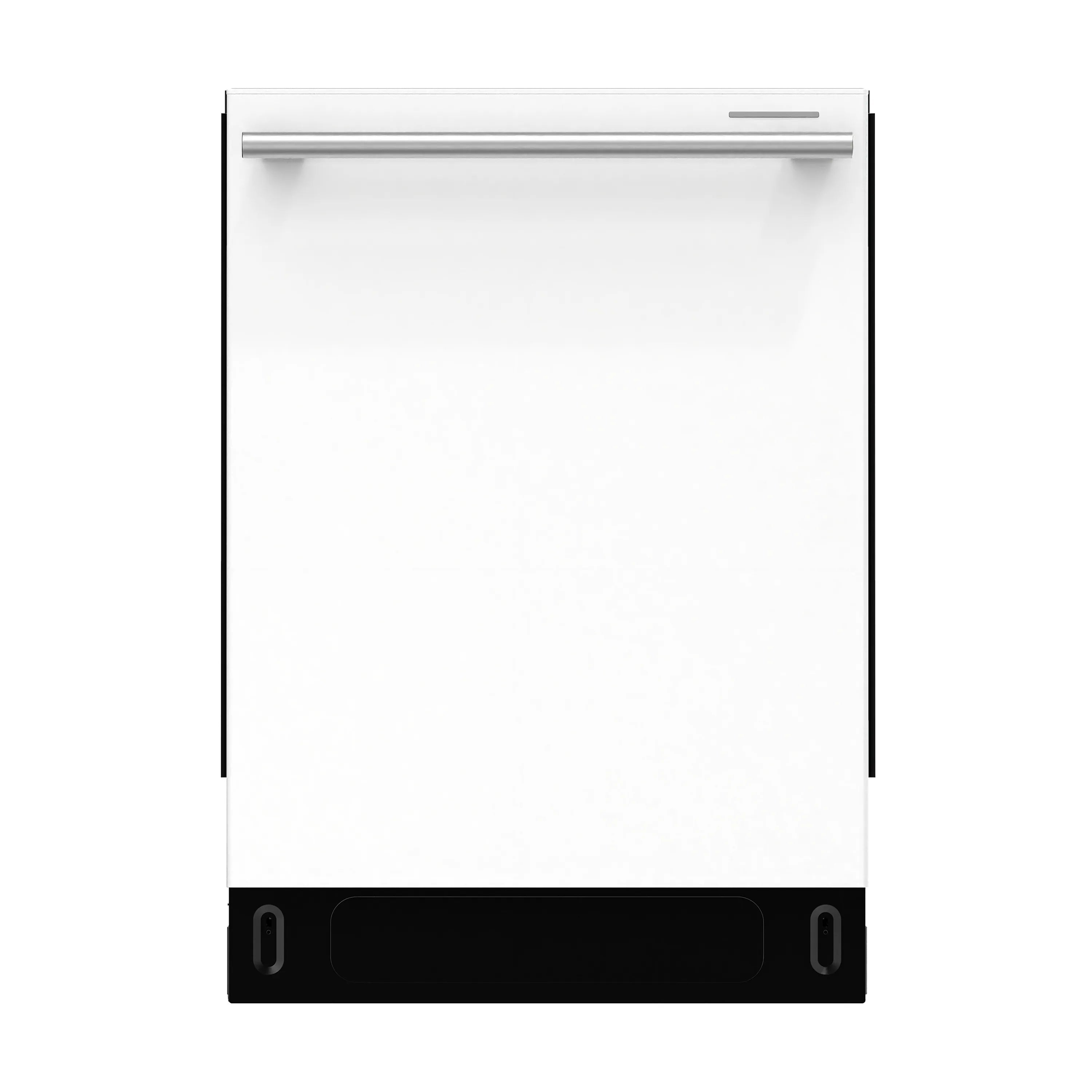 Built-in dishwasher front door panel in white with black base trim