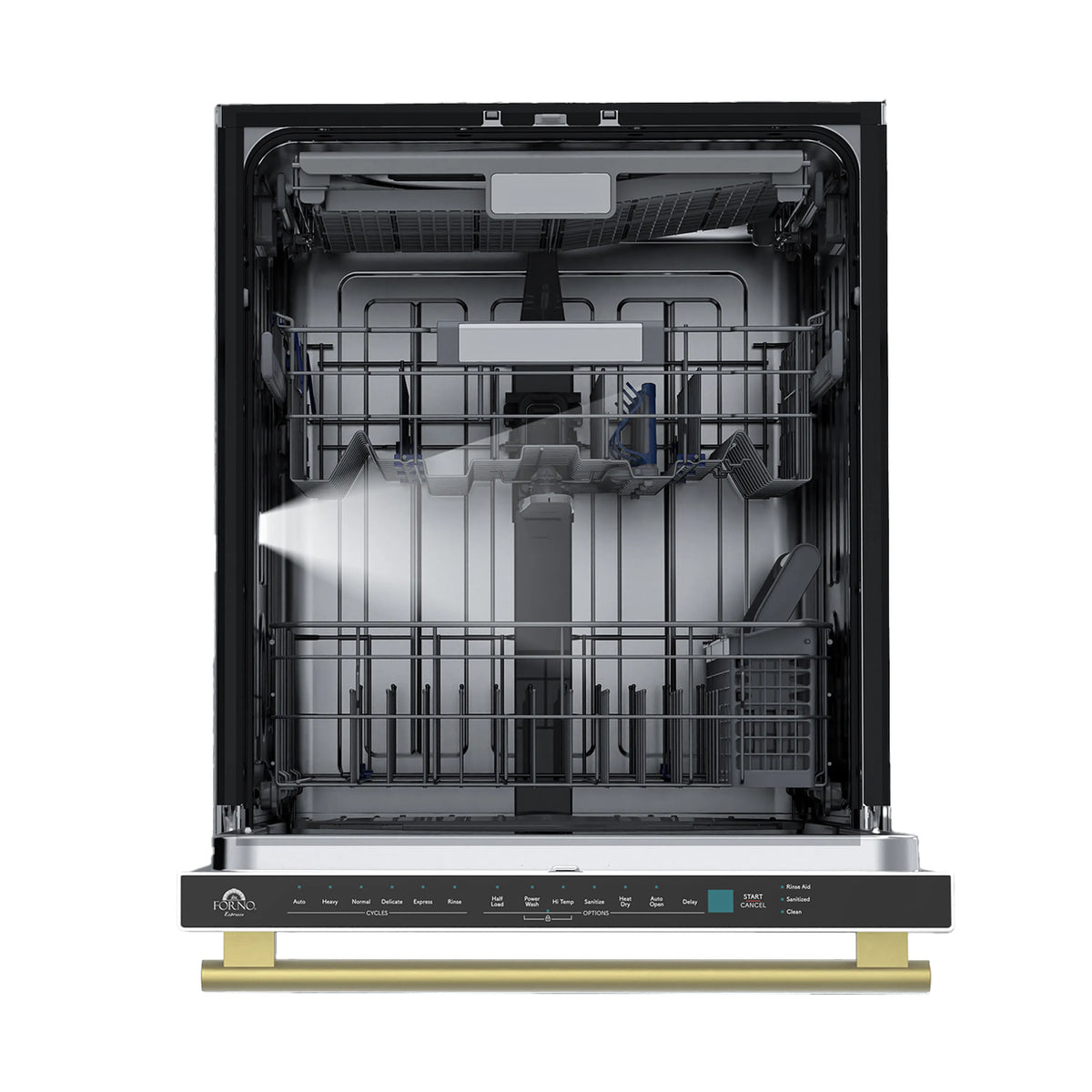 Dishwasher door open showing stainless racks and central spray area inside the tub