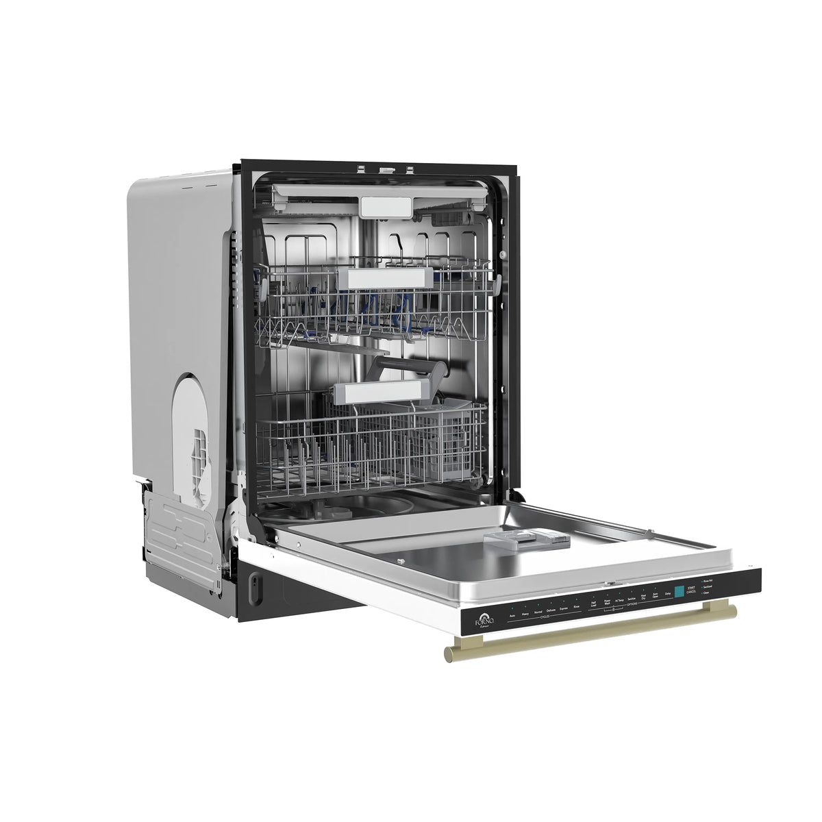 White built-in dishwasher with door open, visible stainless racks and tall tub interior