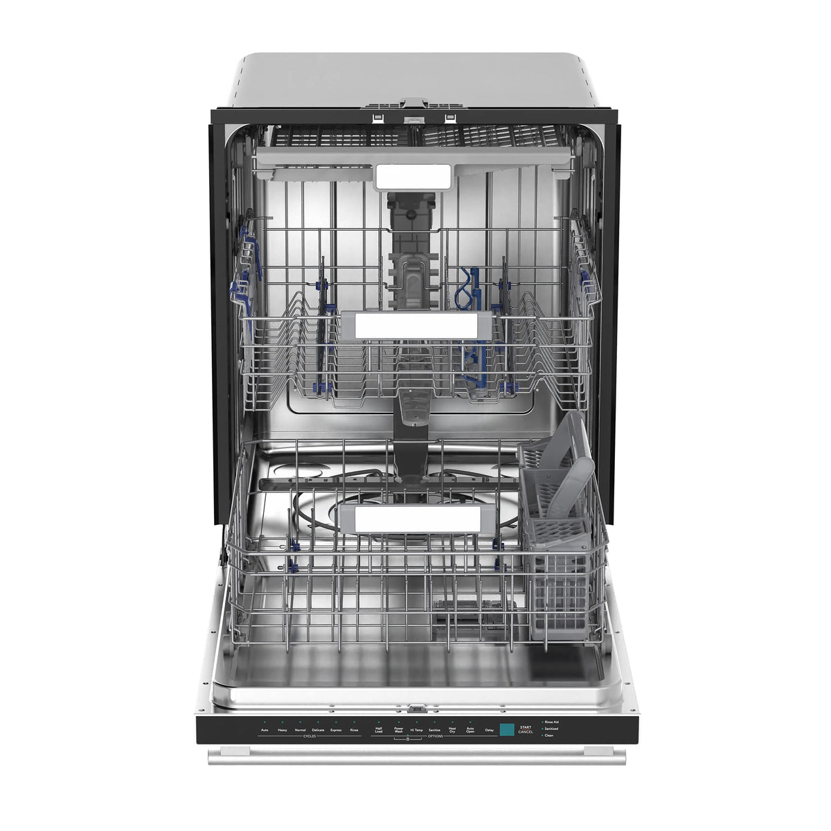 Built-in dishwasher interior view with upper and lower racks