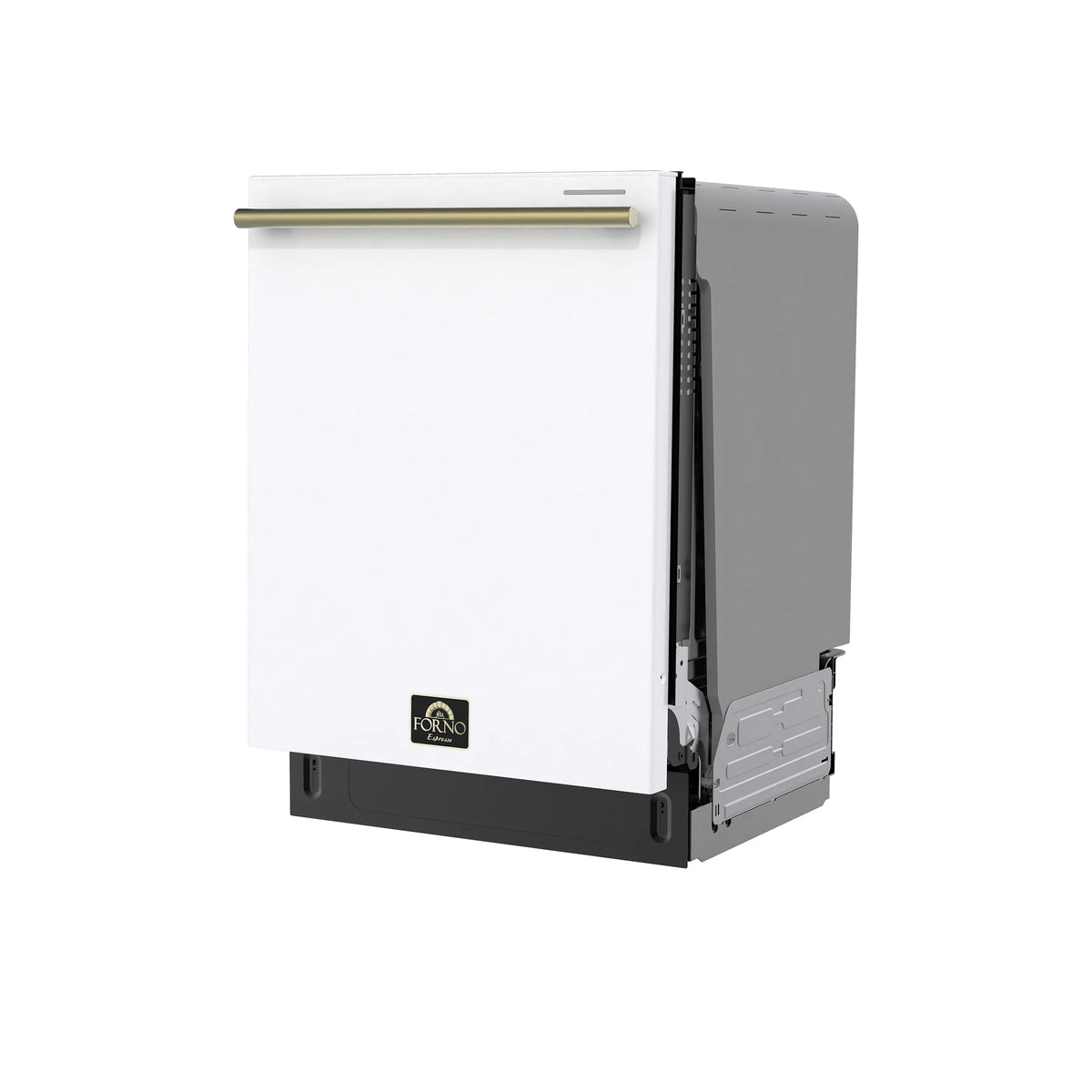 White built-in dishwasher with stainless handle, closed door and control area