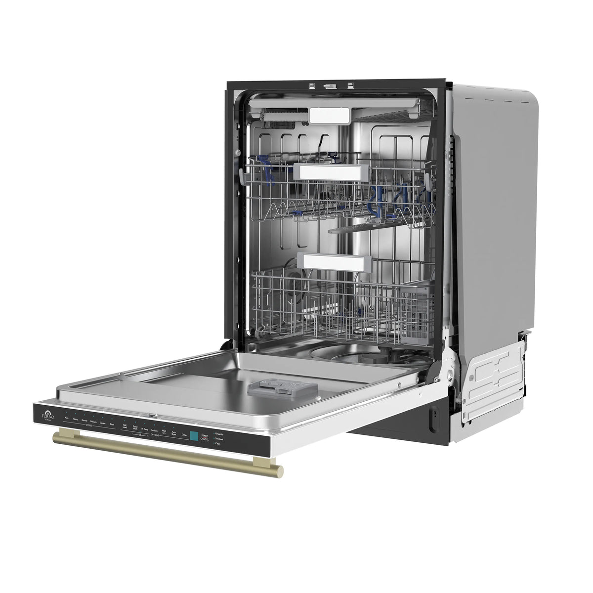 Built-in dishwasher interior with stainless racks and open door, tall tub view