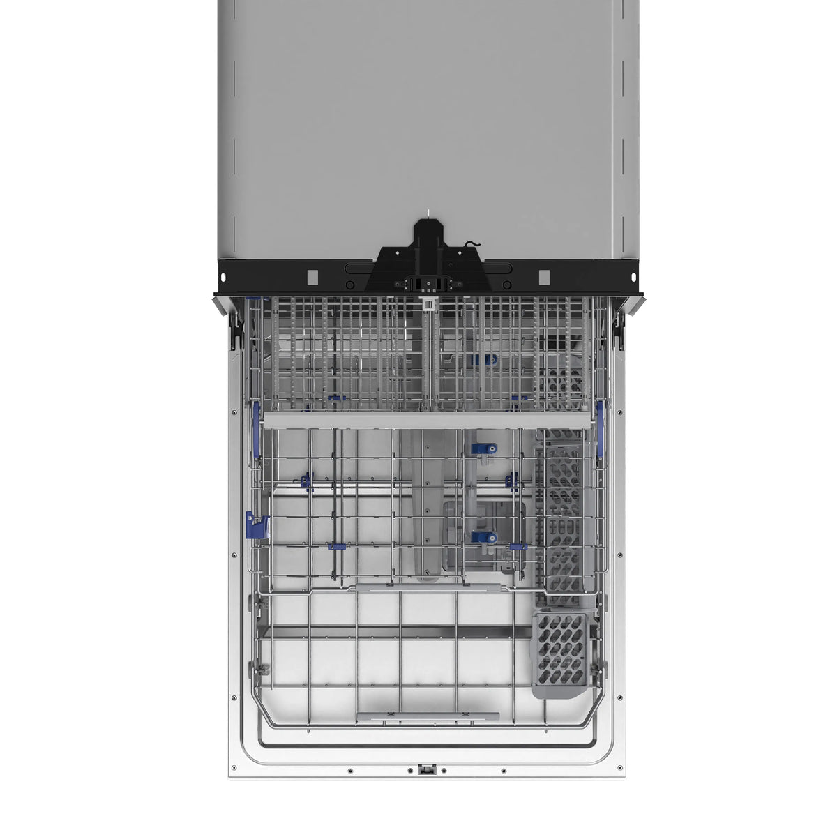 Built-in dishwasher wash tub with upper and lower racks, door open