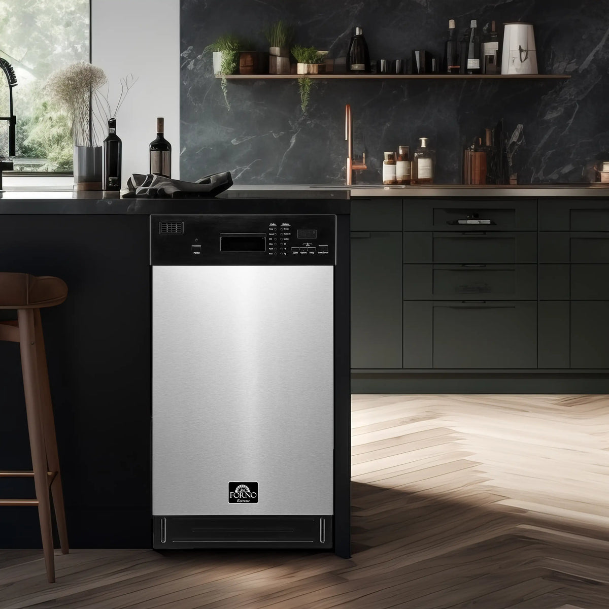 Stainless steel dishwasher front with black control panel and Forno logo
