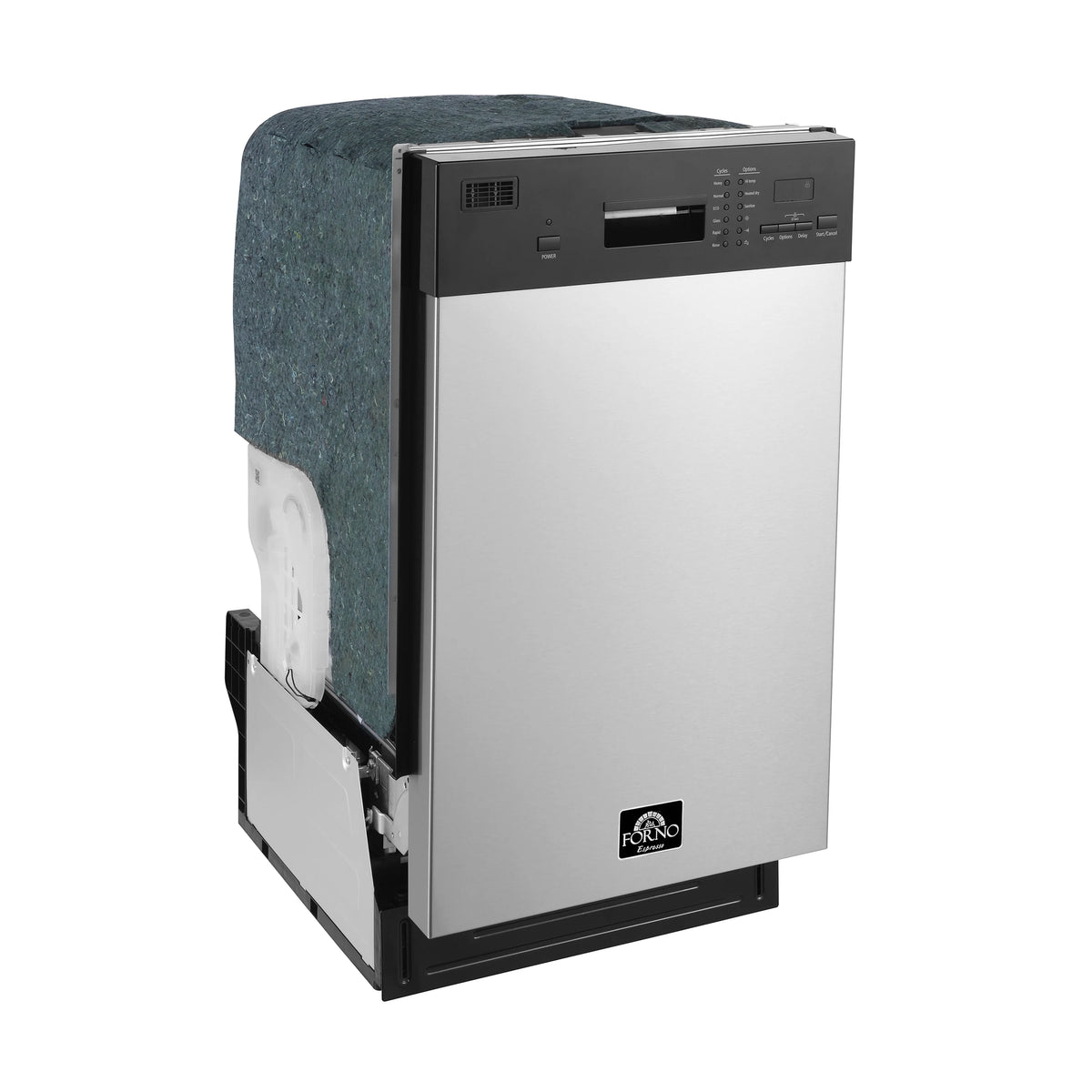 Dishwasher side view with dark gray insulation backing and stainless steel door