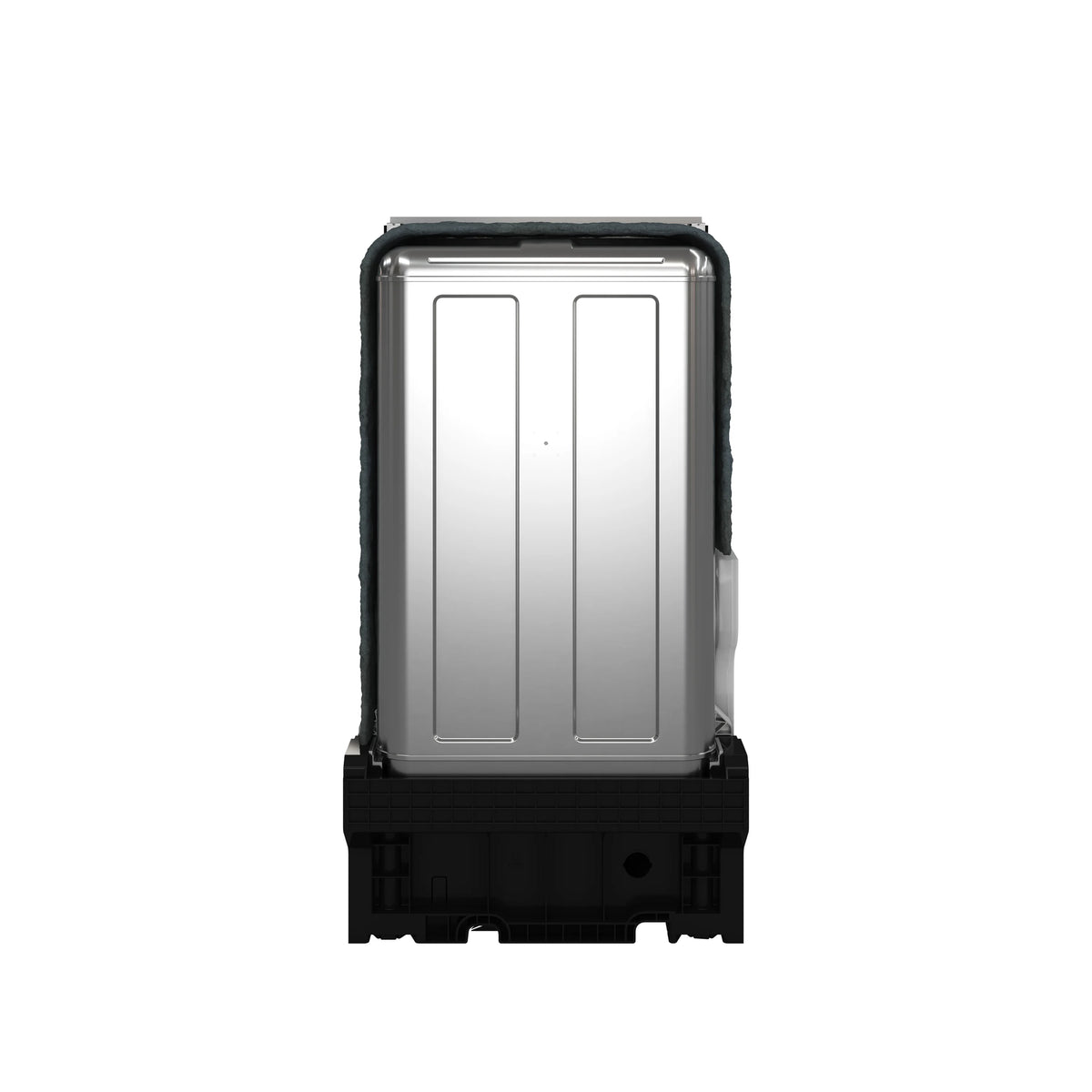 Dishwasher open front with white interior door panels and black lower housing