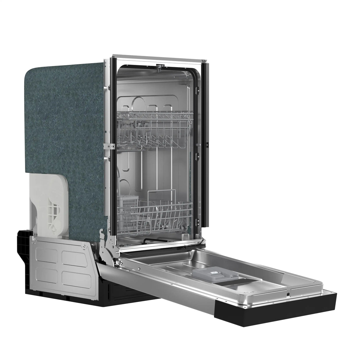 Dishwasher open with racks inside and stainless tub with sound insulation panel