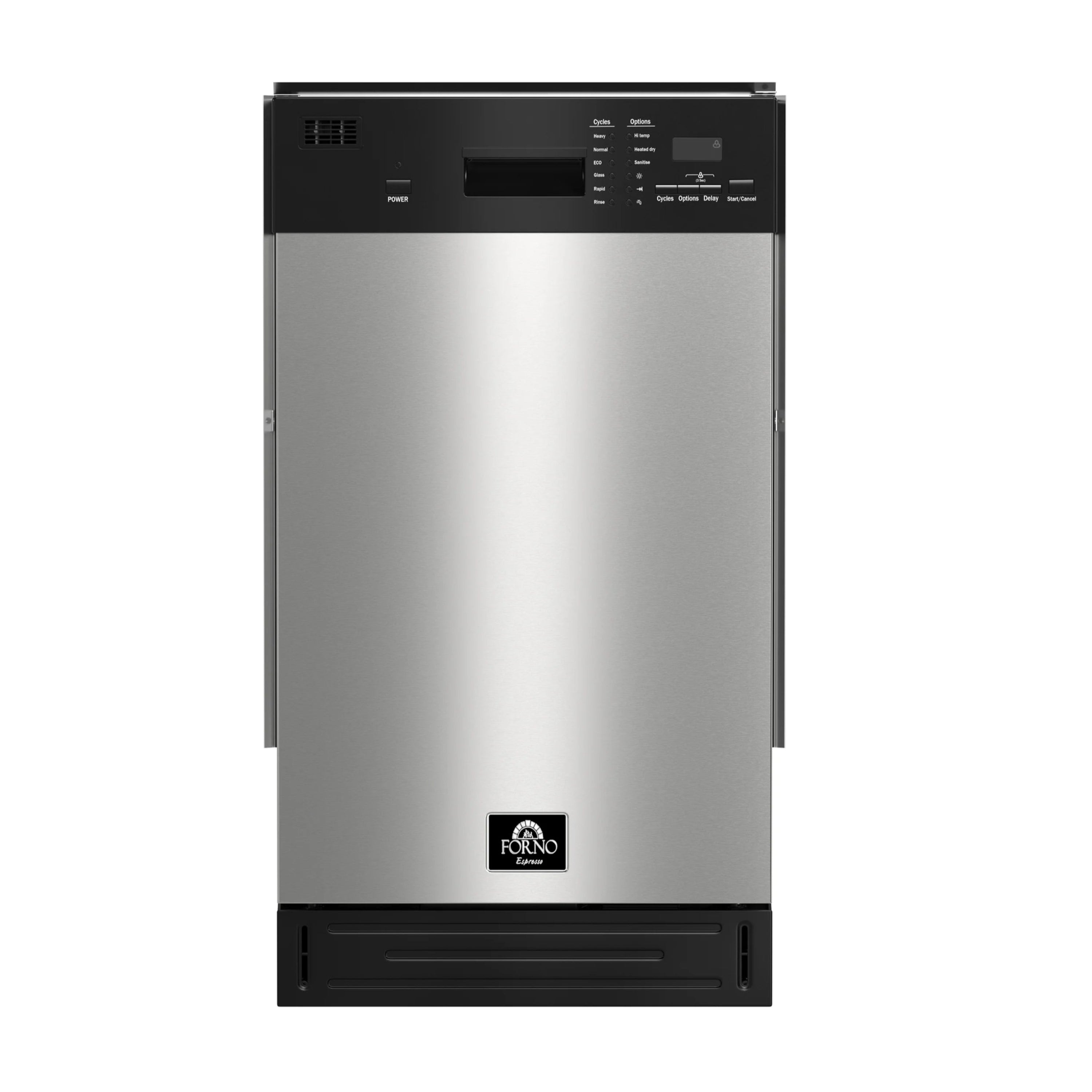 Stainless steel dishwasher front with black control panel and Forno logo
