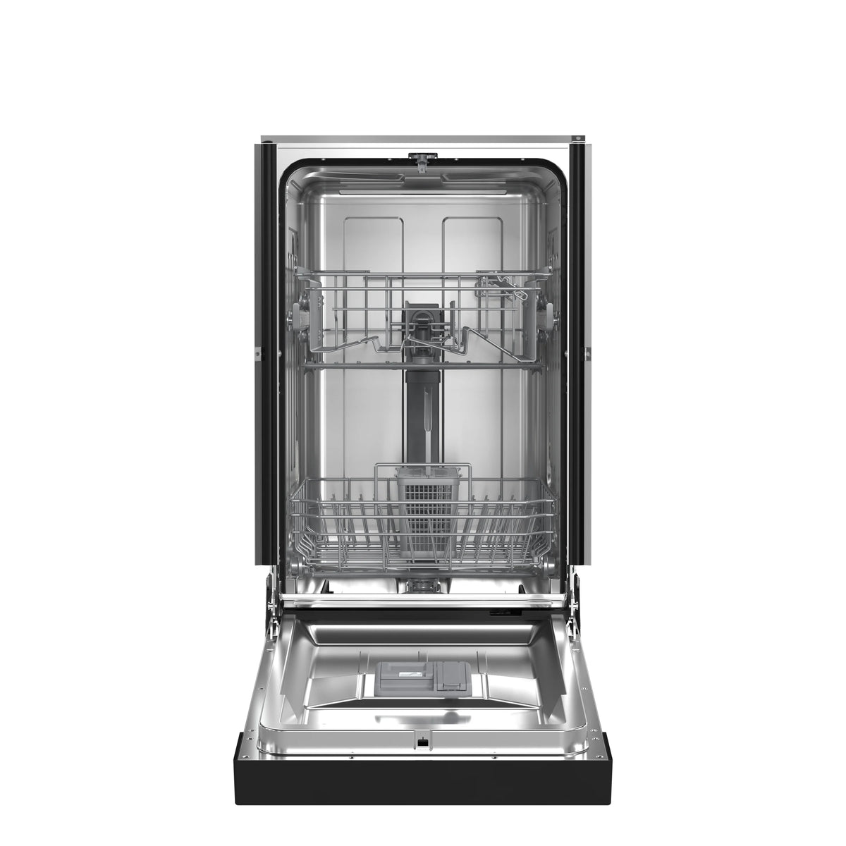 Stainless steel dishwasher open door with top rack and lower rack inside