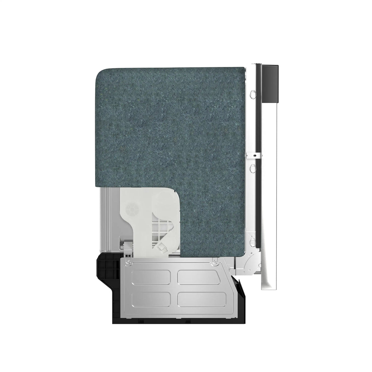 Dishwasher with dark gray sound insulation cover and open internal rack area