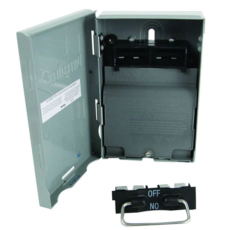 Gray non-fusible disconnect switch with open cover and OFF/NO switch handle