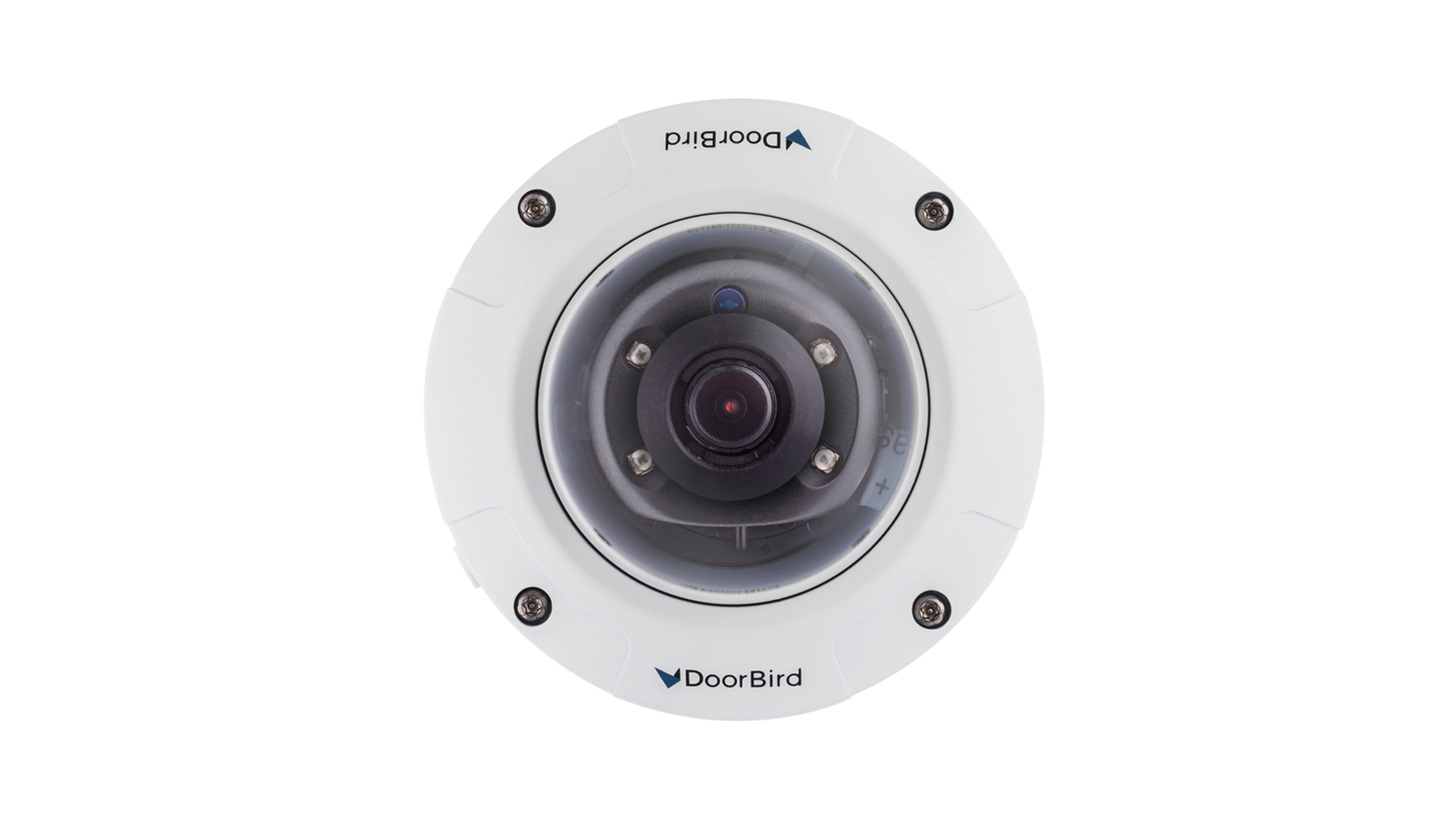 DoorBird IP mini dome security camera, white, visible lens and mounting screws.