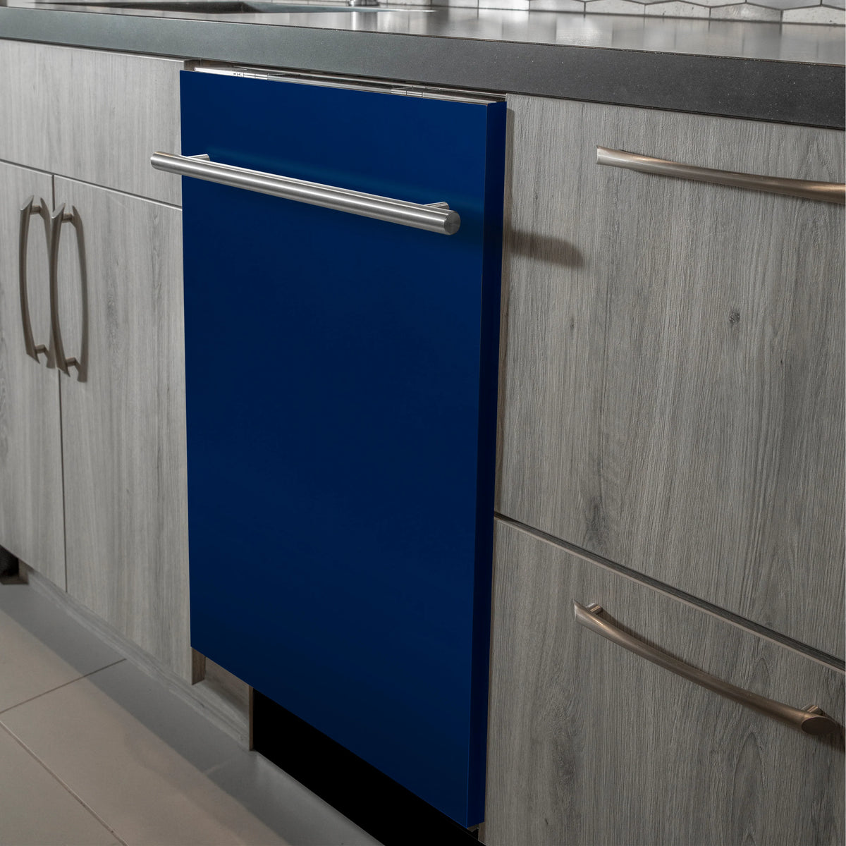 Built-in blue gloss dishwasher with stainless steel handle in kitchen cabinetry