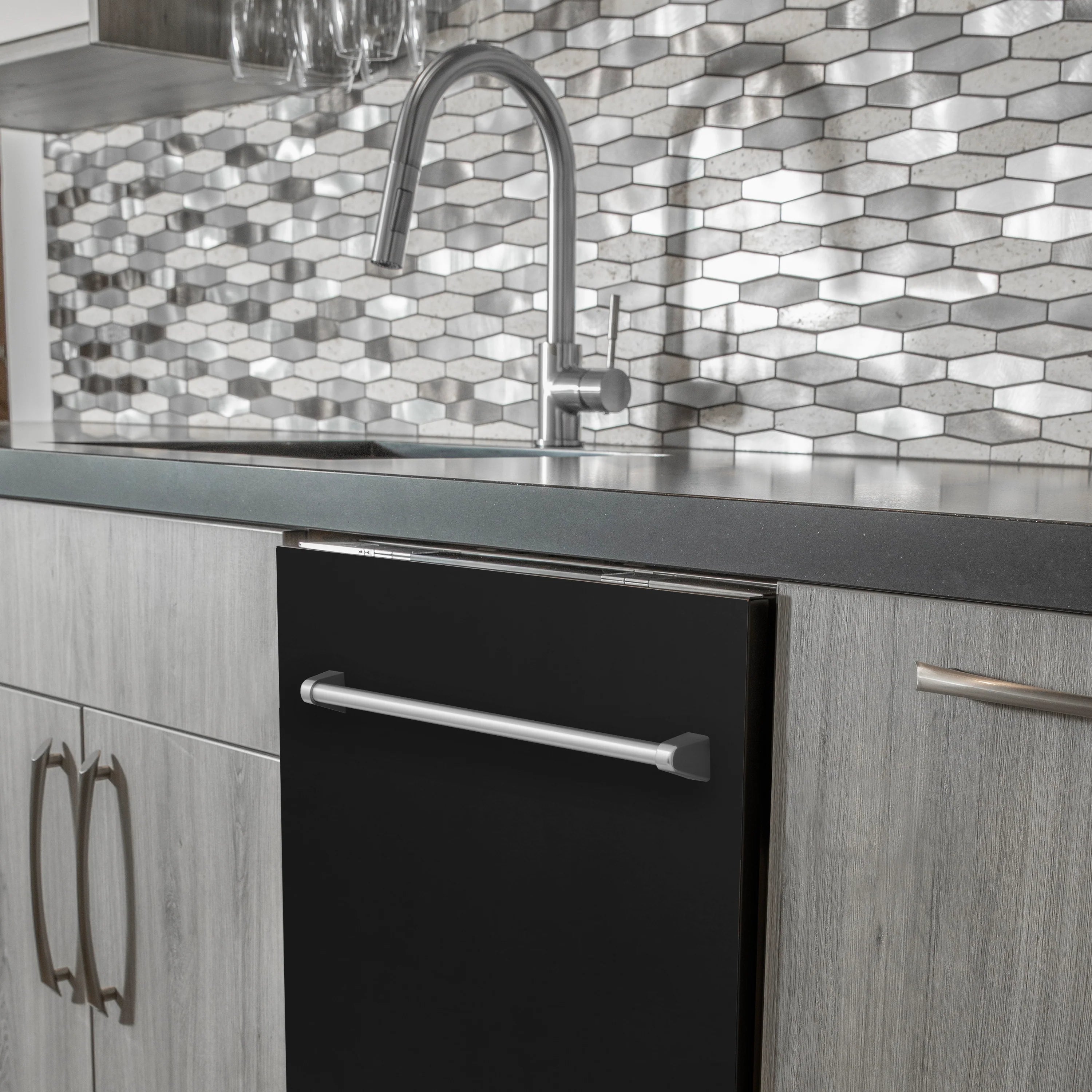 Black matte dishwasher door panel with stainless traditional bar handle