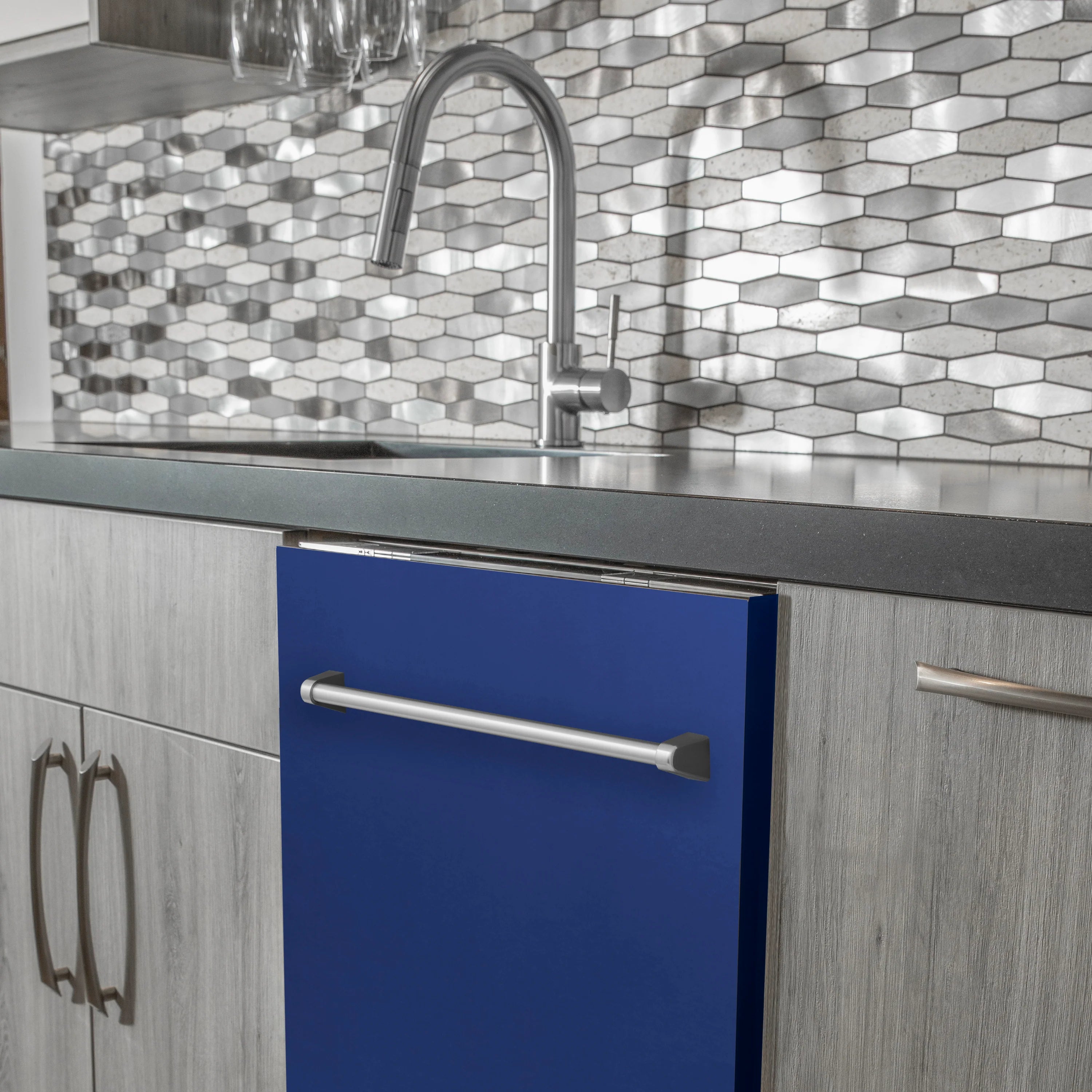 Blue matte built-in dishwasher door with stainless steel bar handle
