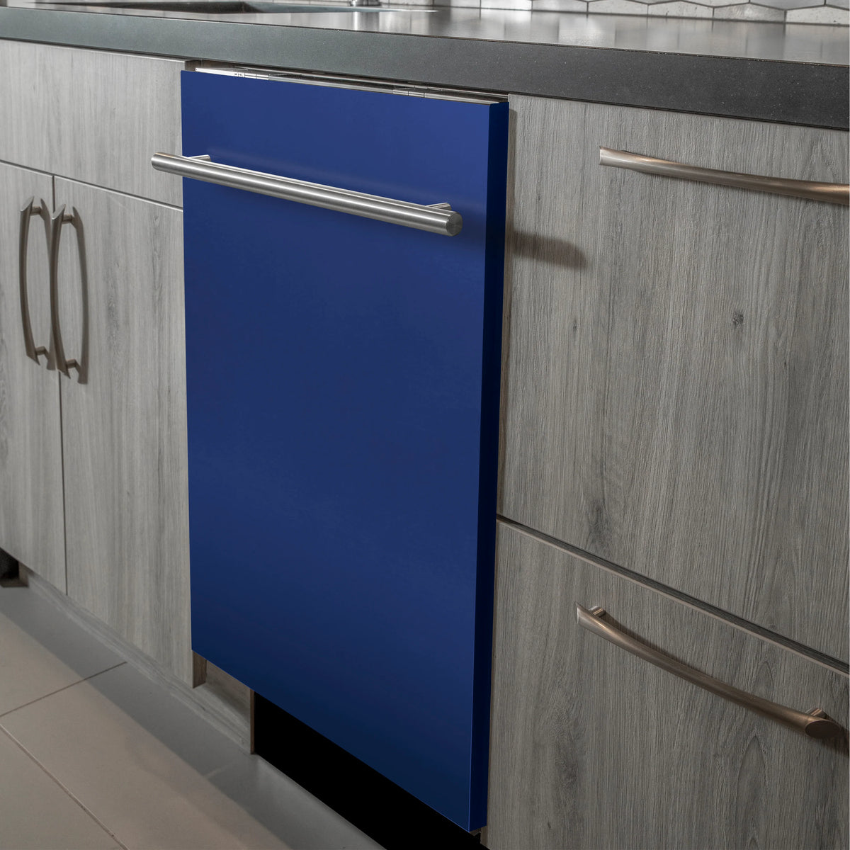 Built-in blue matte dishwasher door with stainless steel handle bar