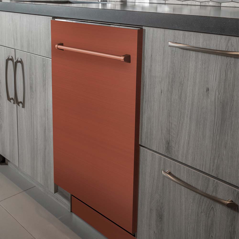 Built-in copper dishwasher door with stainless handle installed in kitchen cabinetry