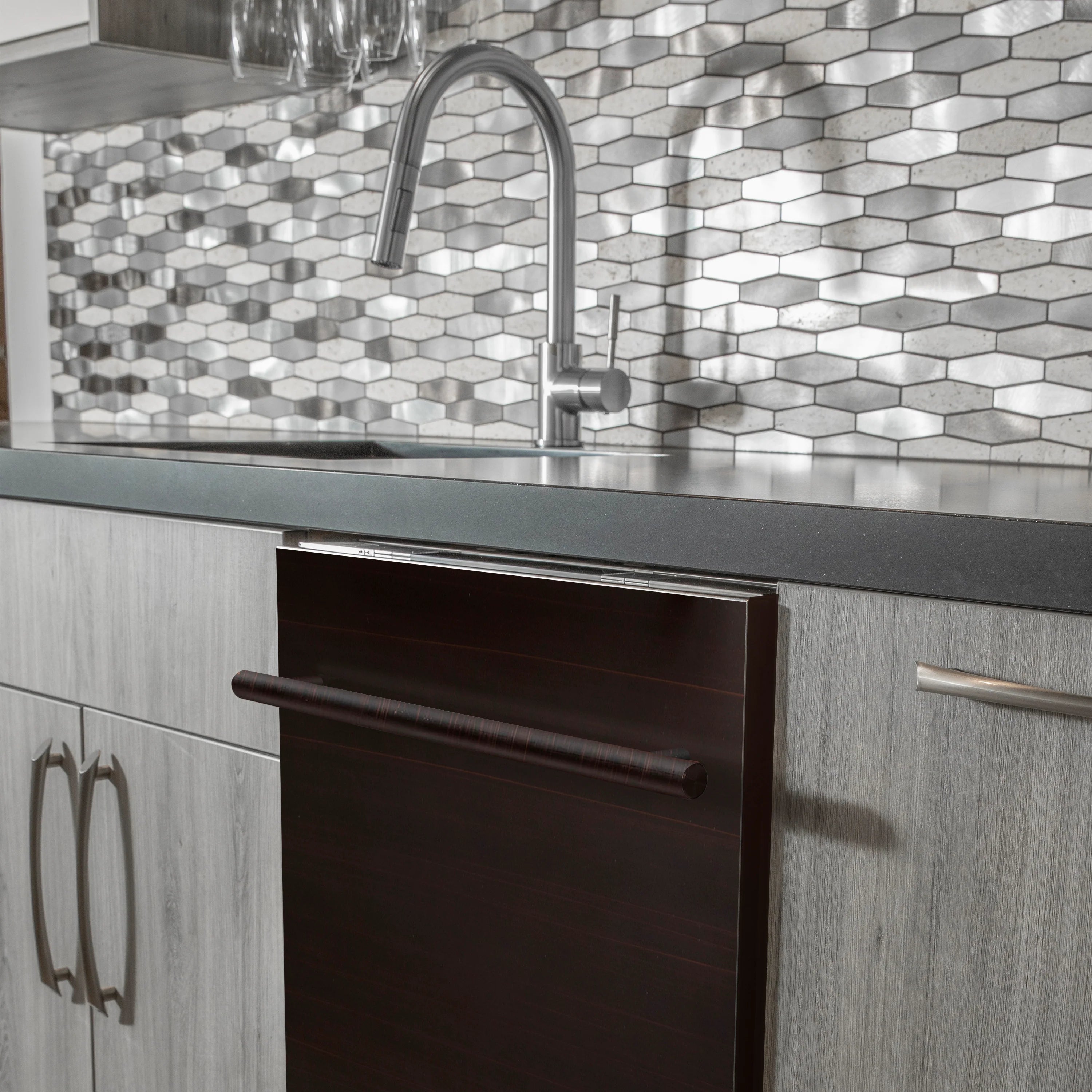 24-inch built-in dishwasher door with modern bronze handle