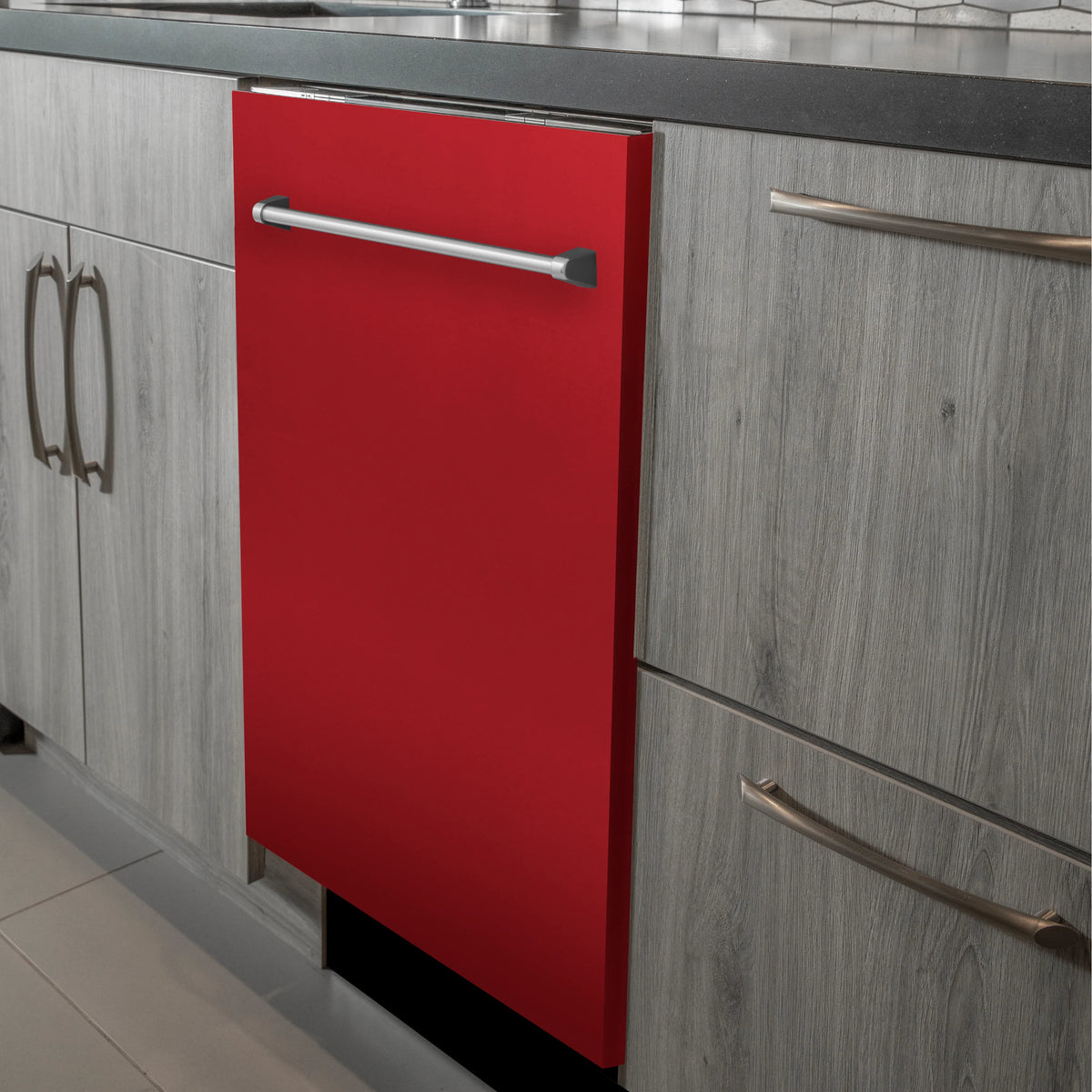 Built-in red matte dishwasher door with traditional brushed metal handle