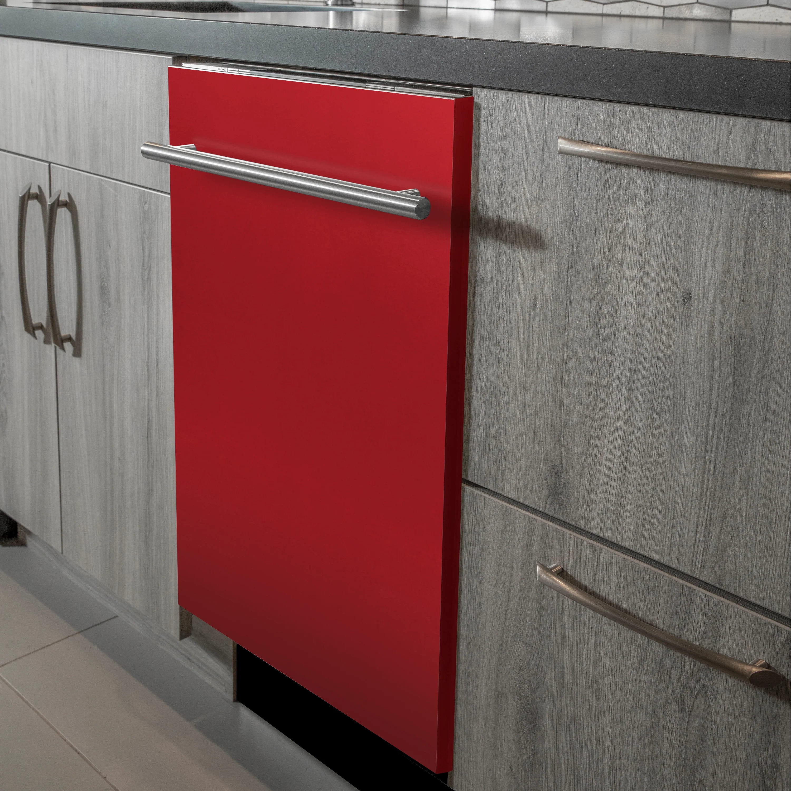 Red matte dishwasher door with horizontal stainless steel bar handle