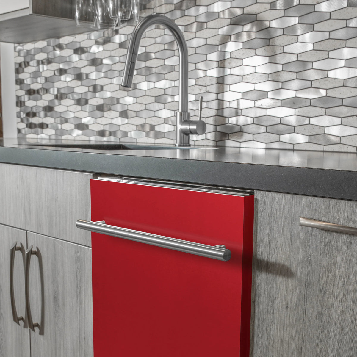 Dishwasher door with red matte panel and stainless steel bar handle