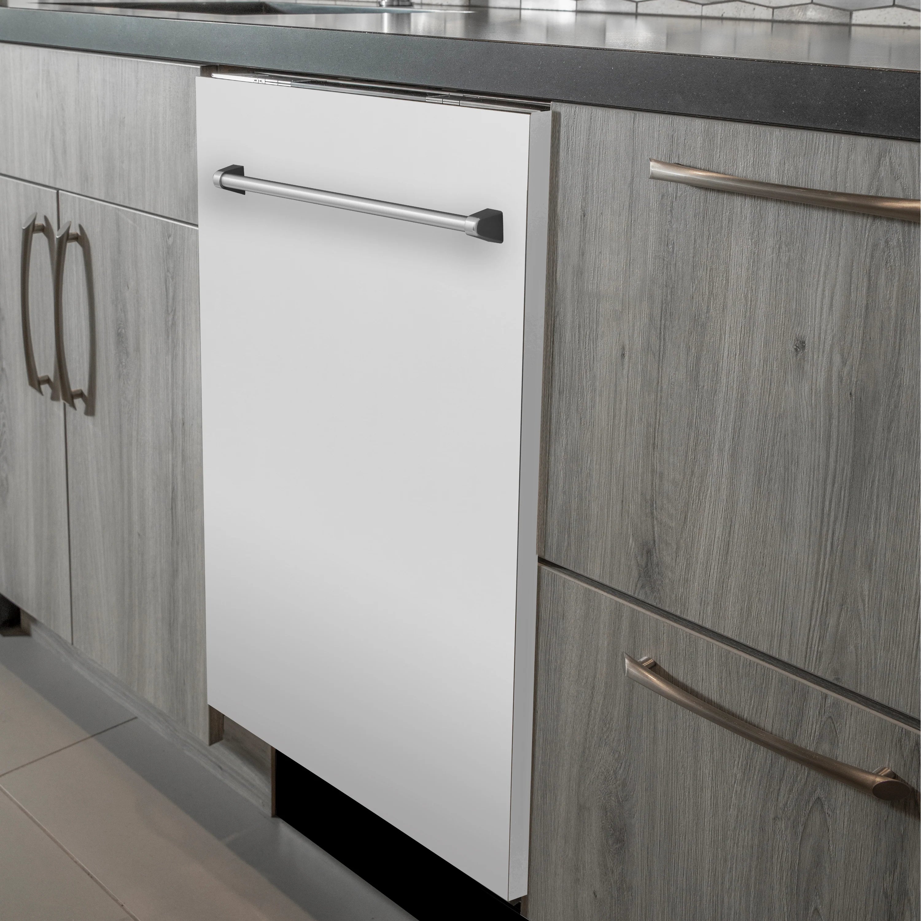 Built-in dishwasher door, white matte with stainless steel traditional handle