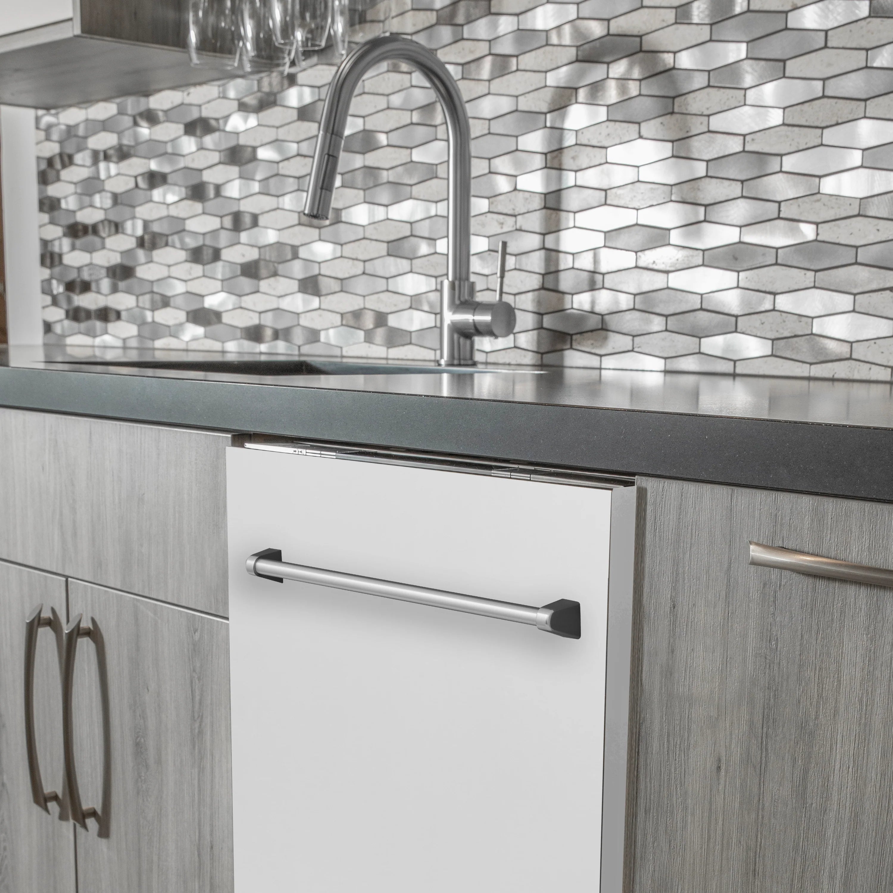 Built-in dishwasher door front, white matte with stainless steel handle
