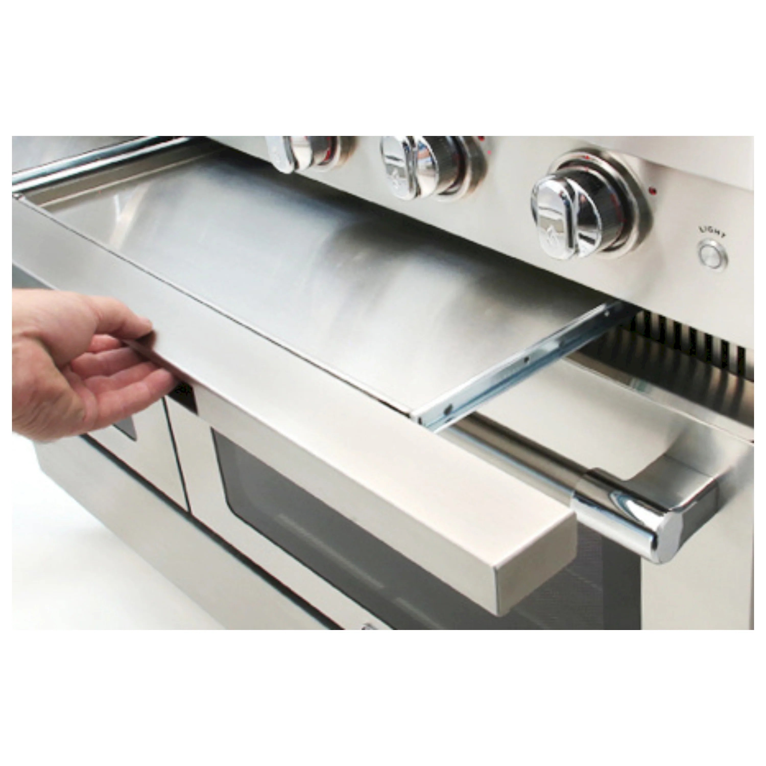Open oven door with full-width stainless handle on a chef gas range