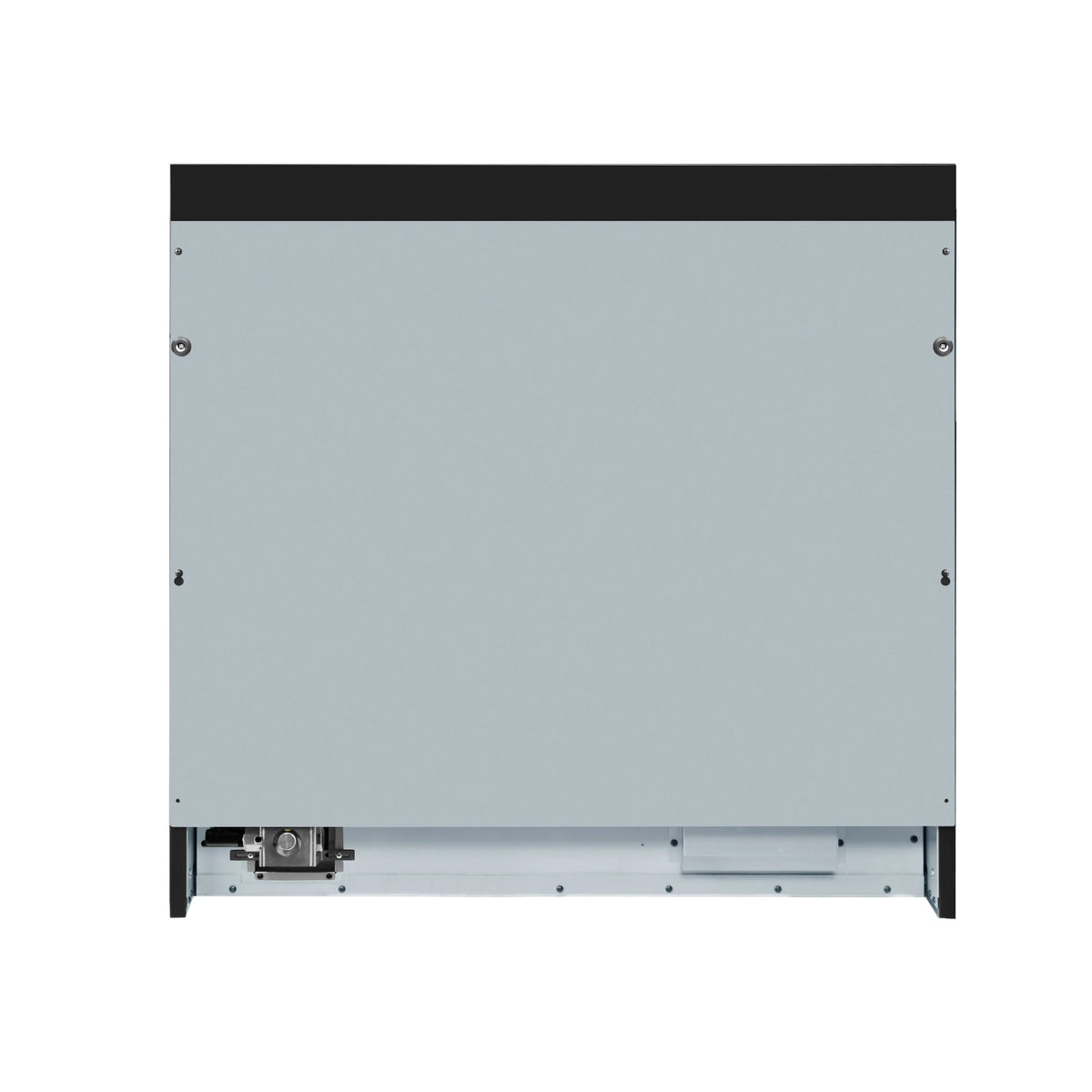 Back service panel of a black dual fuel range, underside cover shown