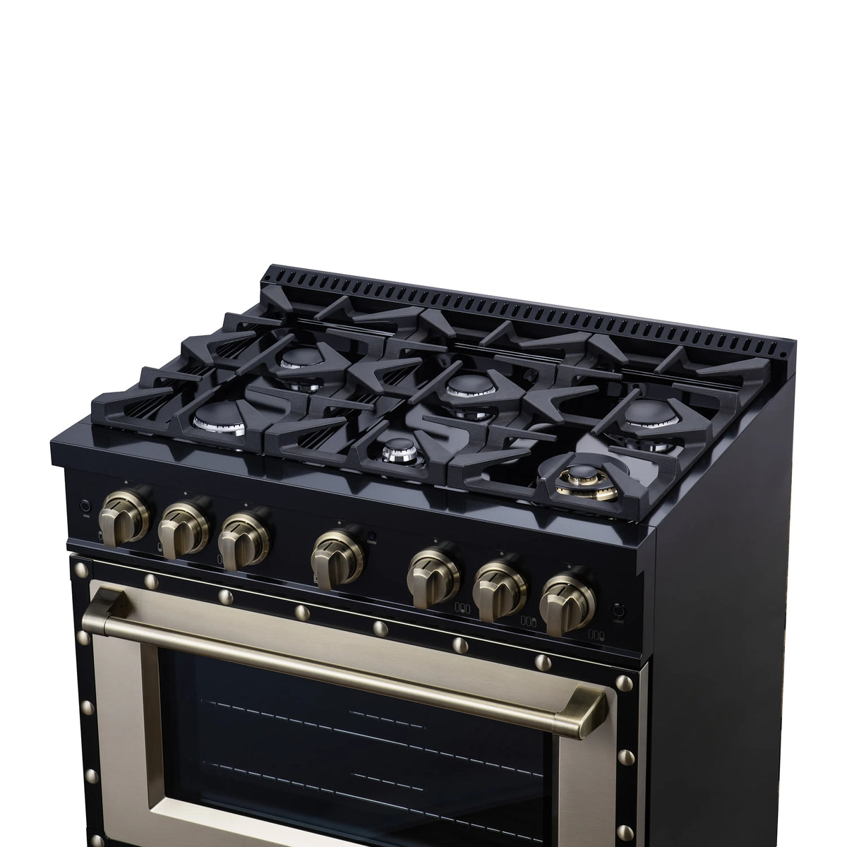 Black dual fuel range cooktop with six burner grates and brass control knobs