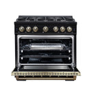 FORNO Valente 36-Inch Dual Fuel Range in Black with Antique Brass Handle and Decorative Copper Trim, 5.2 Cu. Ft. Convection Oven, 6 Sealed Burners, 71,000 BTU (FFSGS6199-36CPBLK)