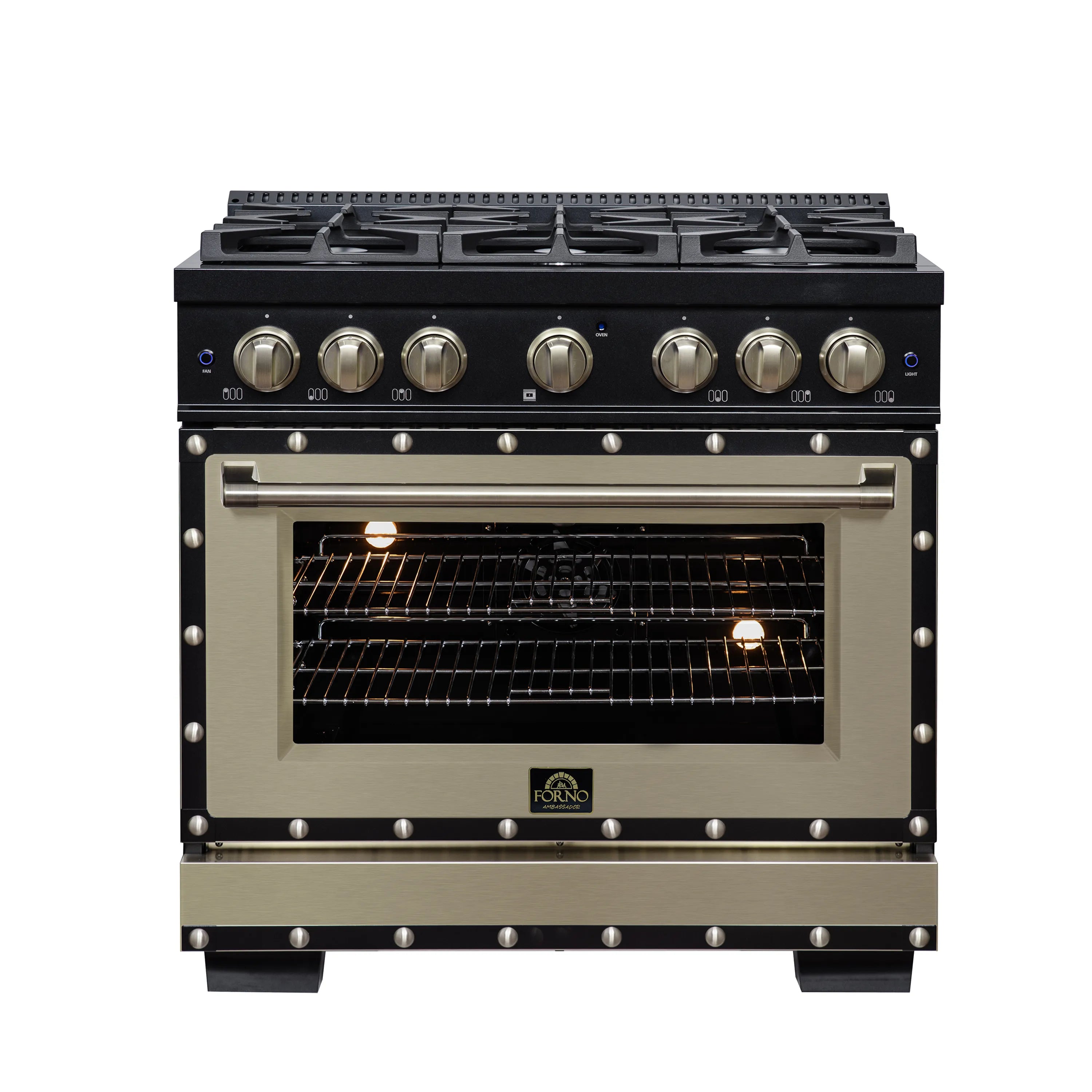 Black dual fuel range with glass oven door, brass handle, and lit oven interior