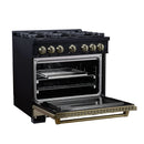 FORNO Valente 36-Inch Dual Fuel Range in Black with Antique Brass Handle and Decorative Copper Trim, 5.2 Cu. Ft. Convection Oven, 6 Sealed Burners, 71,000 BTU (FFSGS6199-36CPBLK)